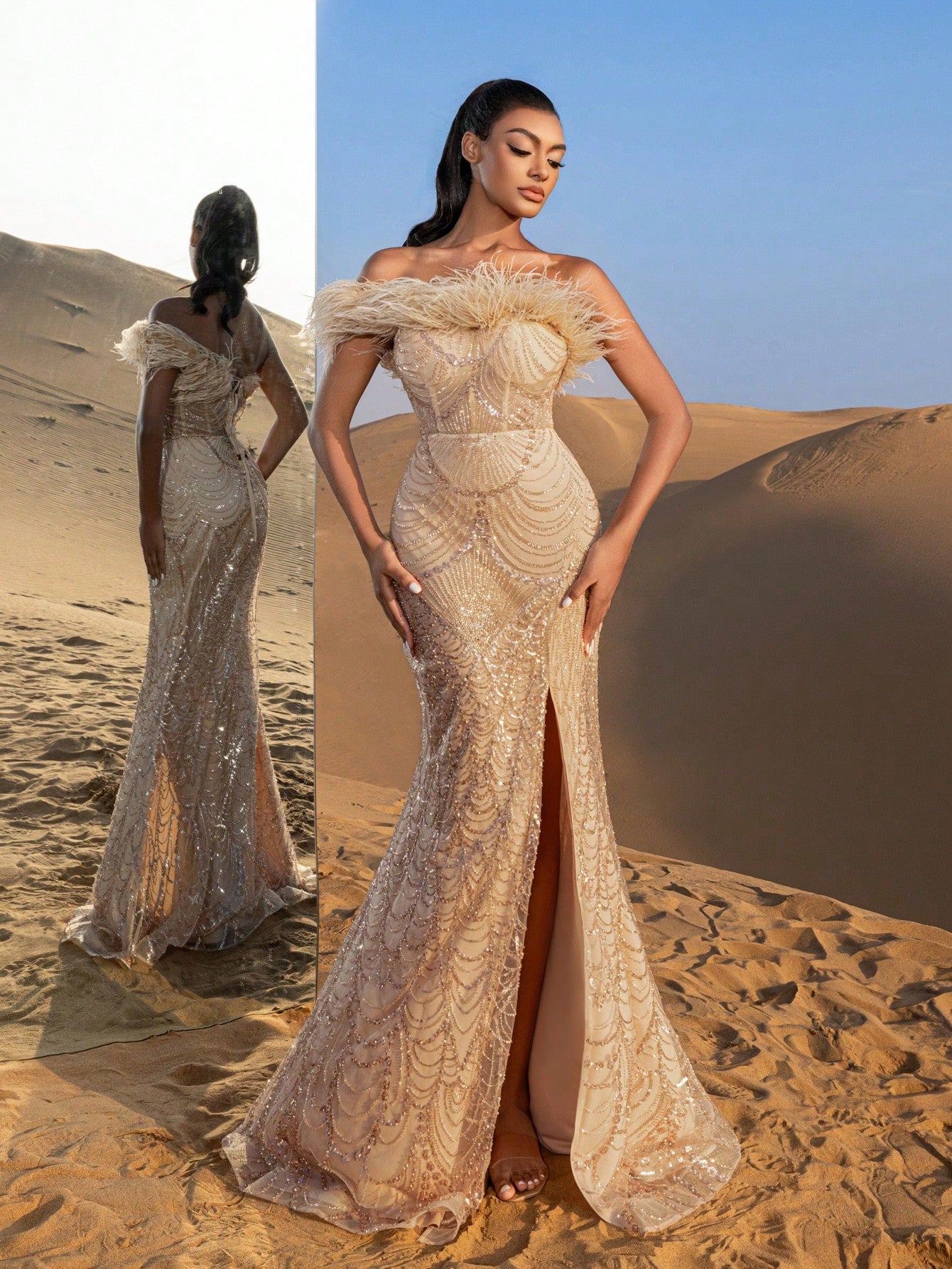 Gorgeous Feather Trim Mermaid Hem Lace Up Back Beaded Formal Dresses & Evening Gowns