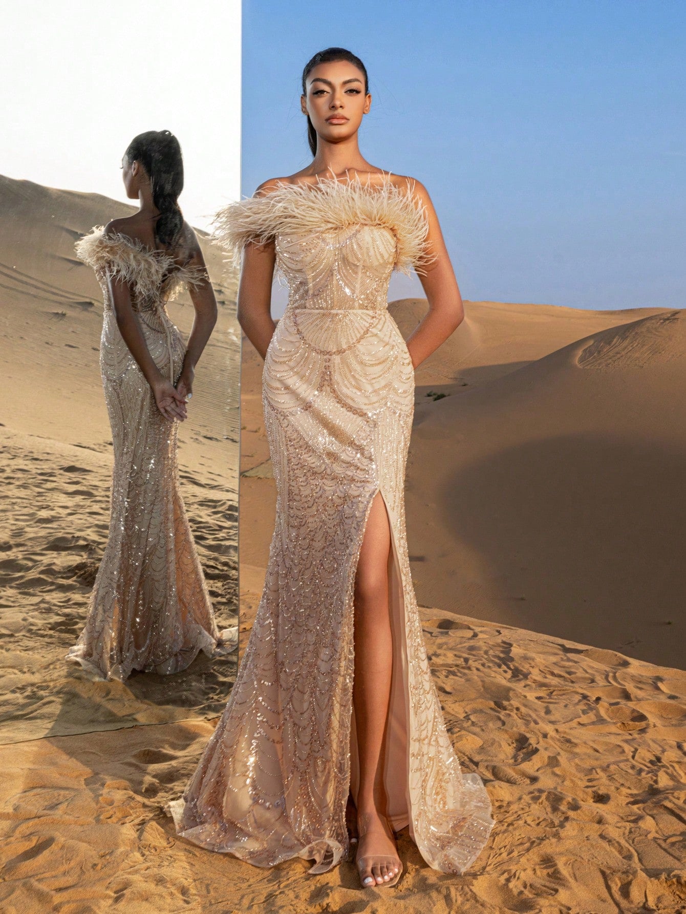 Gorgeous Feather Trim Mermaid Hem Lace Up Back Beaded Formal Dresses & Evening Gowns