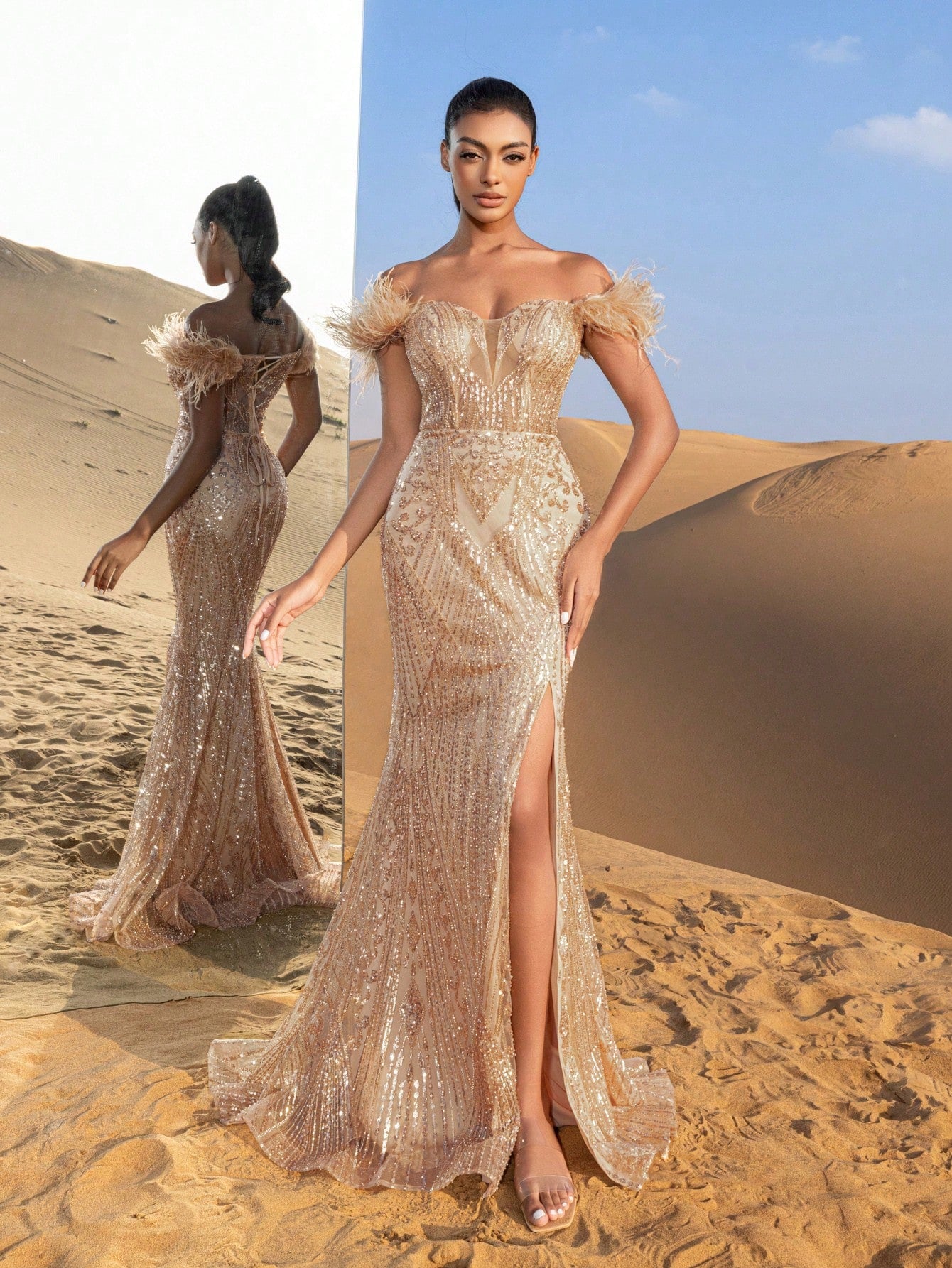 Gorgeous Feather Detail Off Shoulder Split Mermaid Hem Beaded Formal Dresses & Evening Gowns