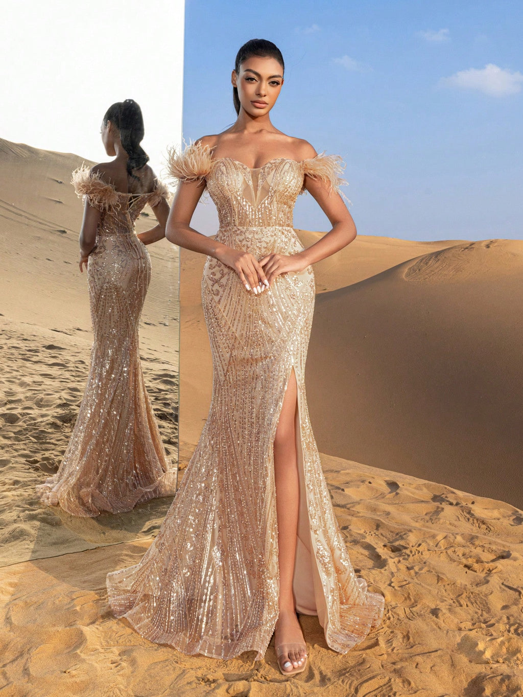 Gorgeous Feather Detail Off Shoulder Split Mermaid Hem Beaded Formal Dresses & Evening Gowns