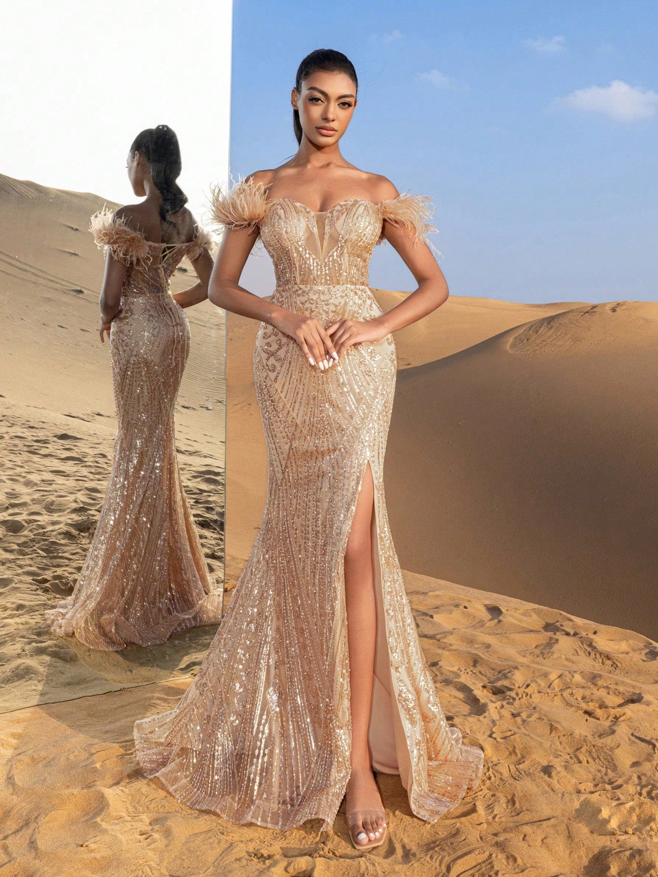 Gorgeous Feather Detail Off Shoulder Split Mermaid Hem Beaded Formal Dresses & Evening Gowns