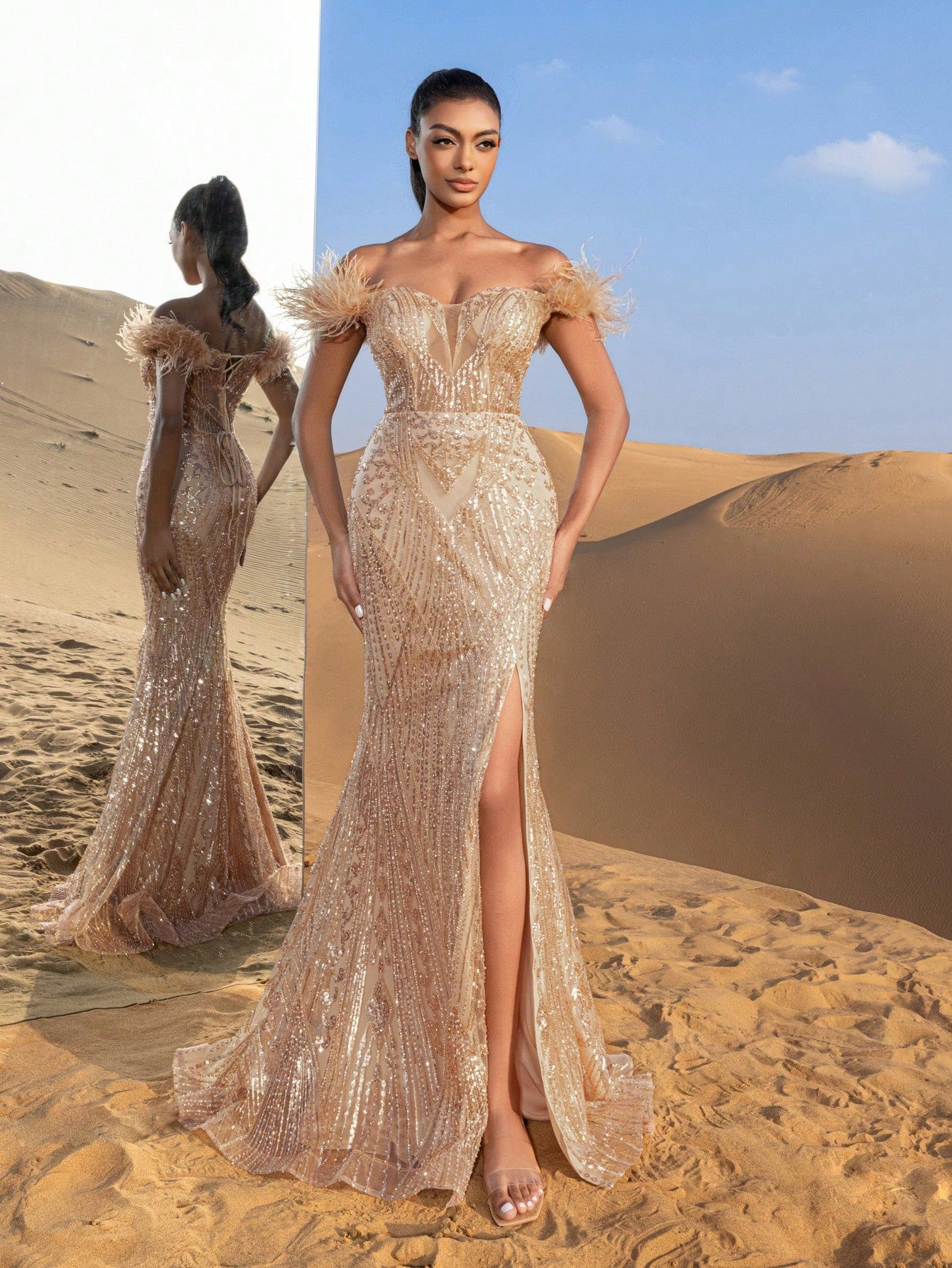 Gorgeous Feather Detail Off Shoulder Split Mermaid Hem Beaded Formal Dresses & Evening Gowns