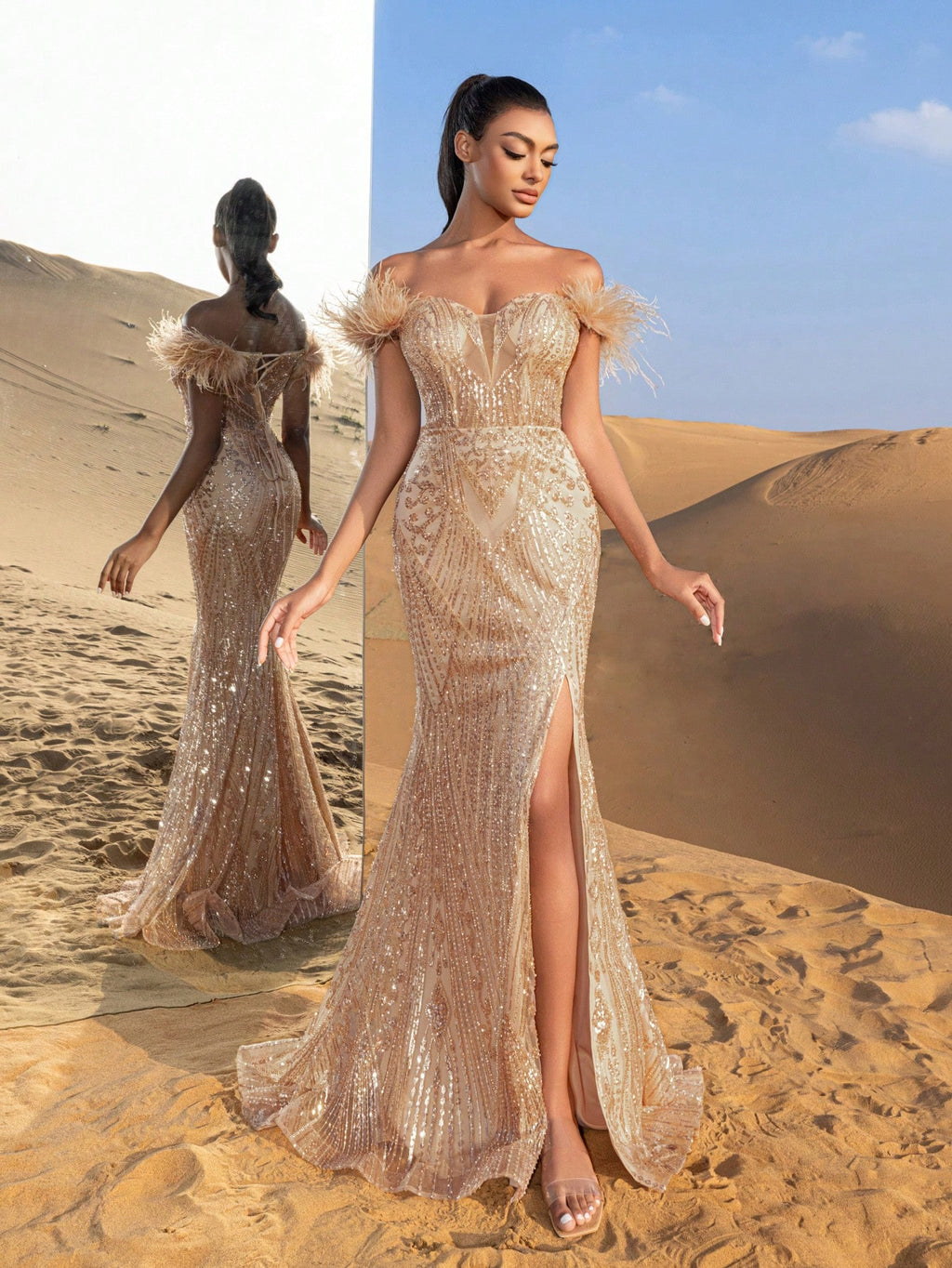 Gorgeous Feather Detail Off Shoulder Split Mermaid Hem Beaded Formal Dresses & Evening Gowns