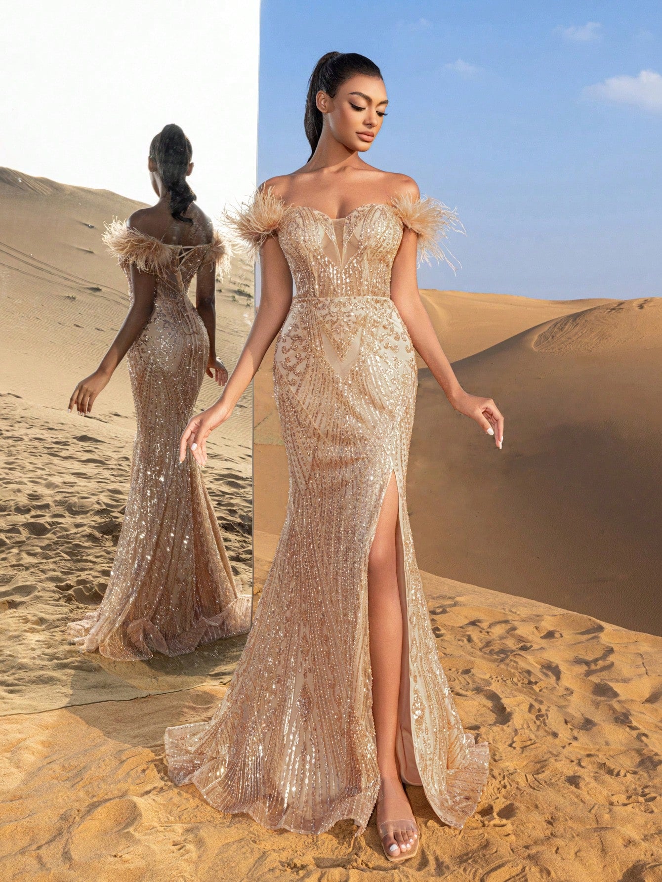 Gorgeous Feather Detail Off Shoulder Split Mermaid Hem Beaded Formal Dresses & Evening Gowns