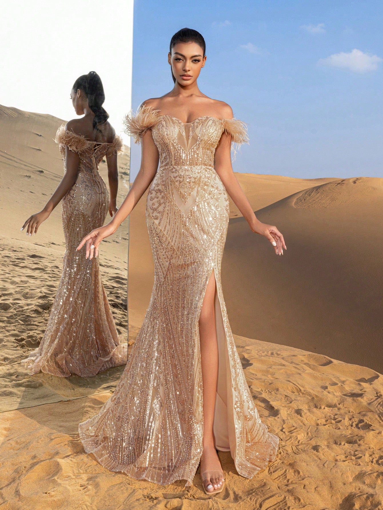 Gorgeous Feather Detail Off Shoulder Split Mermaid Hem Beaded Formal Dresses & Evening Gowns