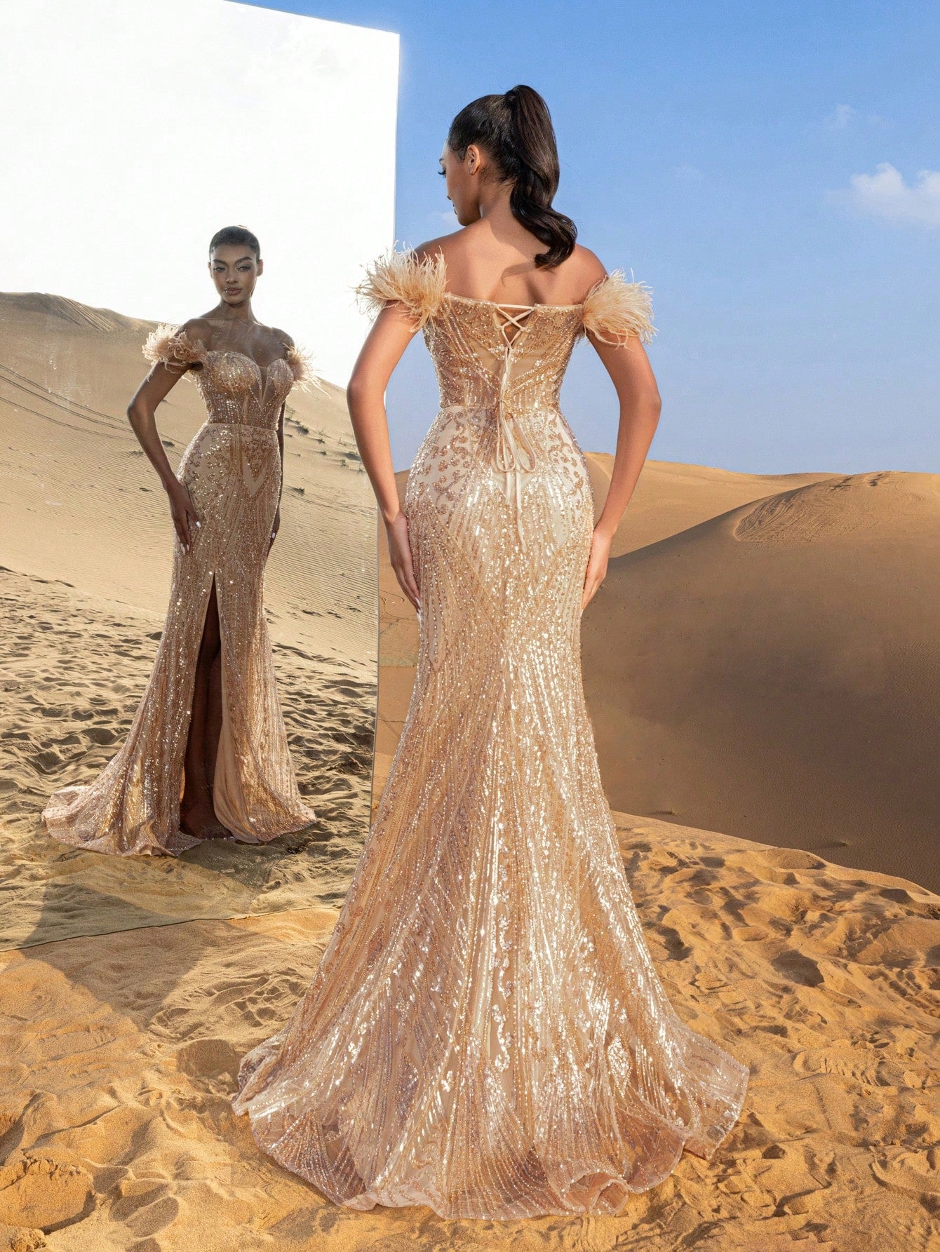 Gorgeous Feather Detail Off Shoulder Split Mermaid Hem Beaded Formal Dresses & Evening Gowns