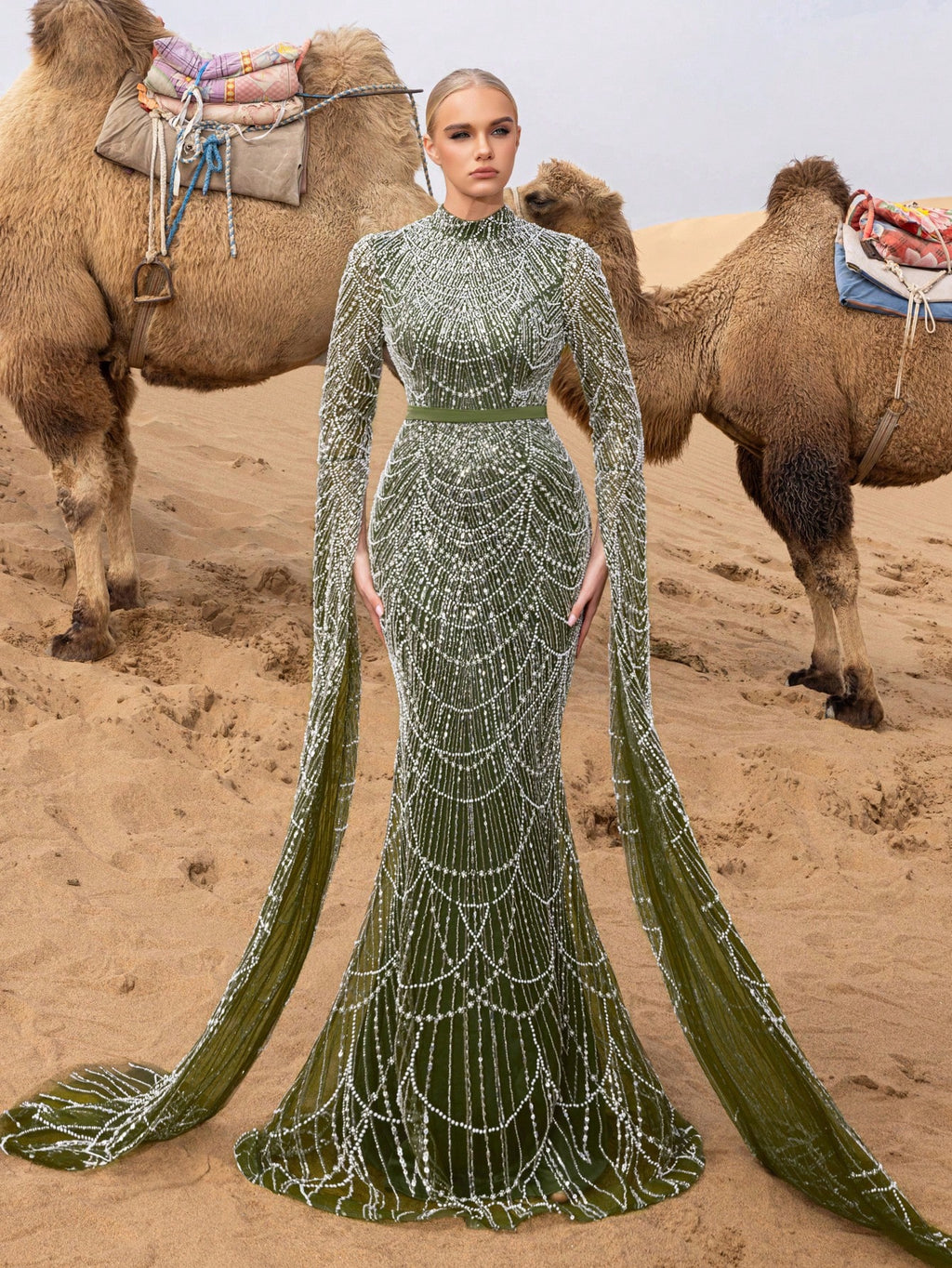 Luxury Mock Neck Extra-Long Sleeves Mermaid Hem Beaded Formal Dresses & Evening Gowns