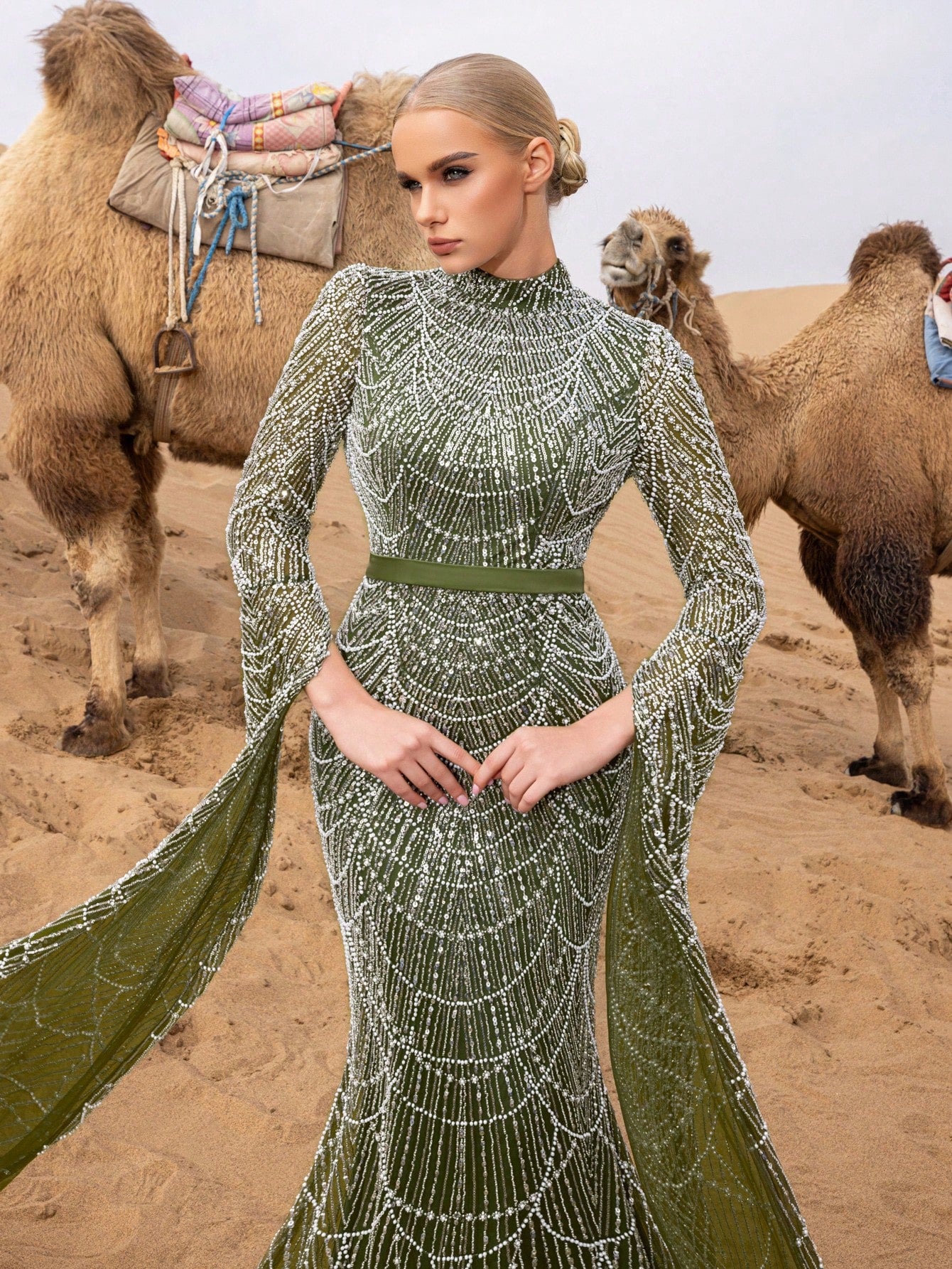 Luxury Mock Neck Extra-Long Sleeves Mermaid Hem Beaded Formal Dresses & Evening Gowns