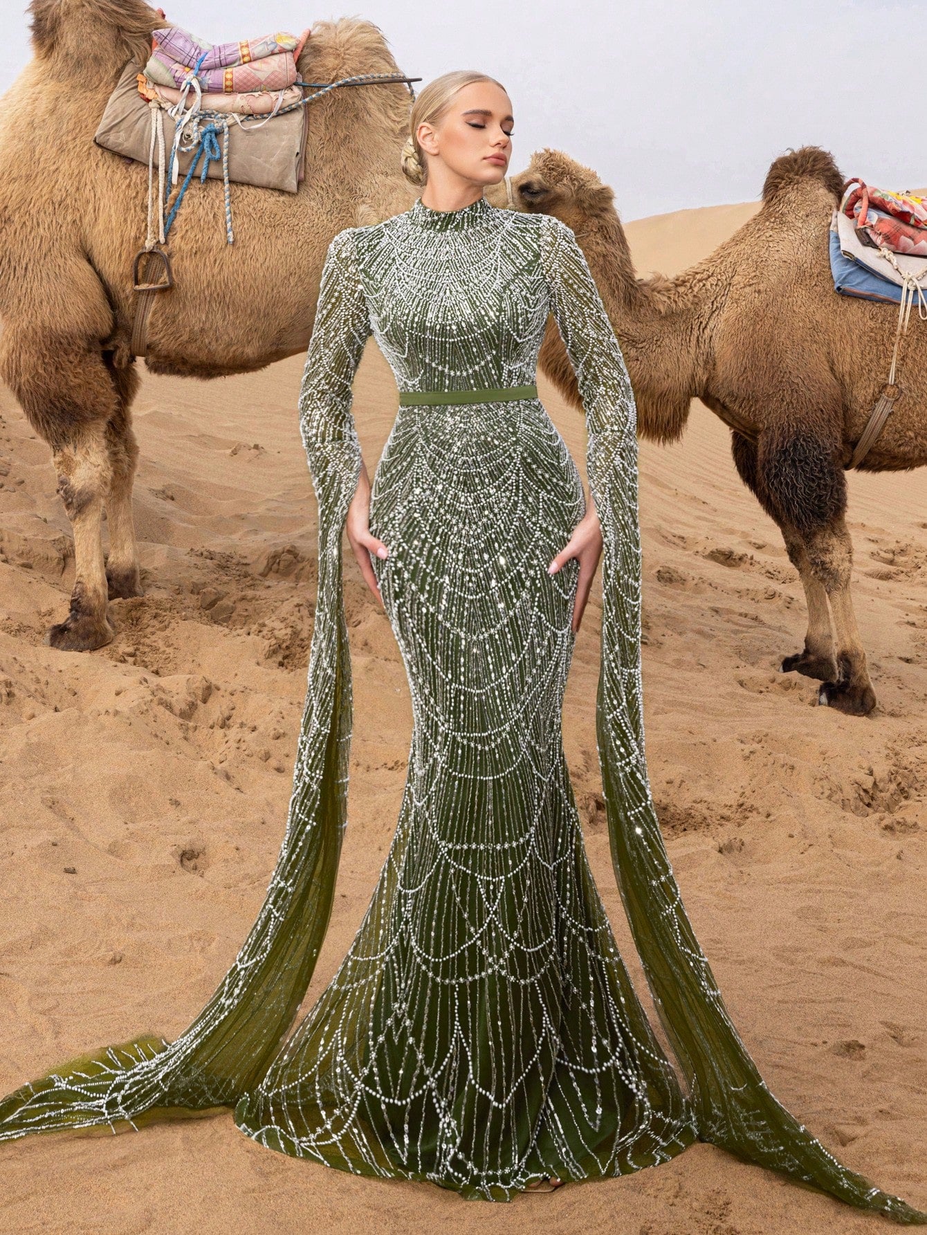 Luxury Mock Neck Extra-Long Sleeves Mermaid Hem Beaded Formal Dresses & Evening Gowns