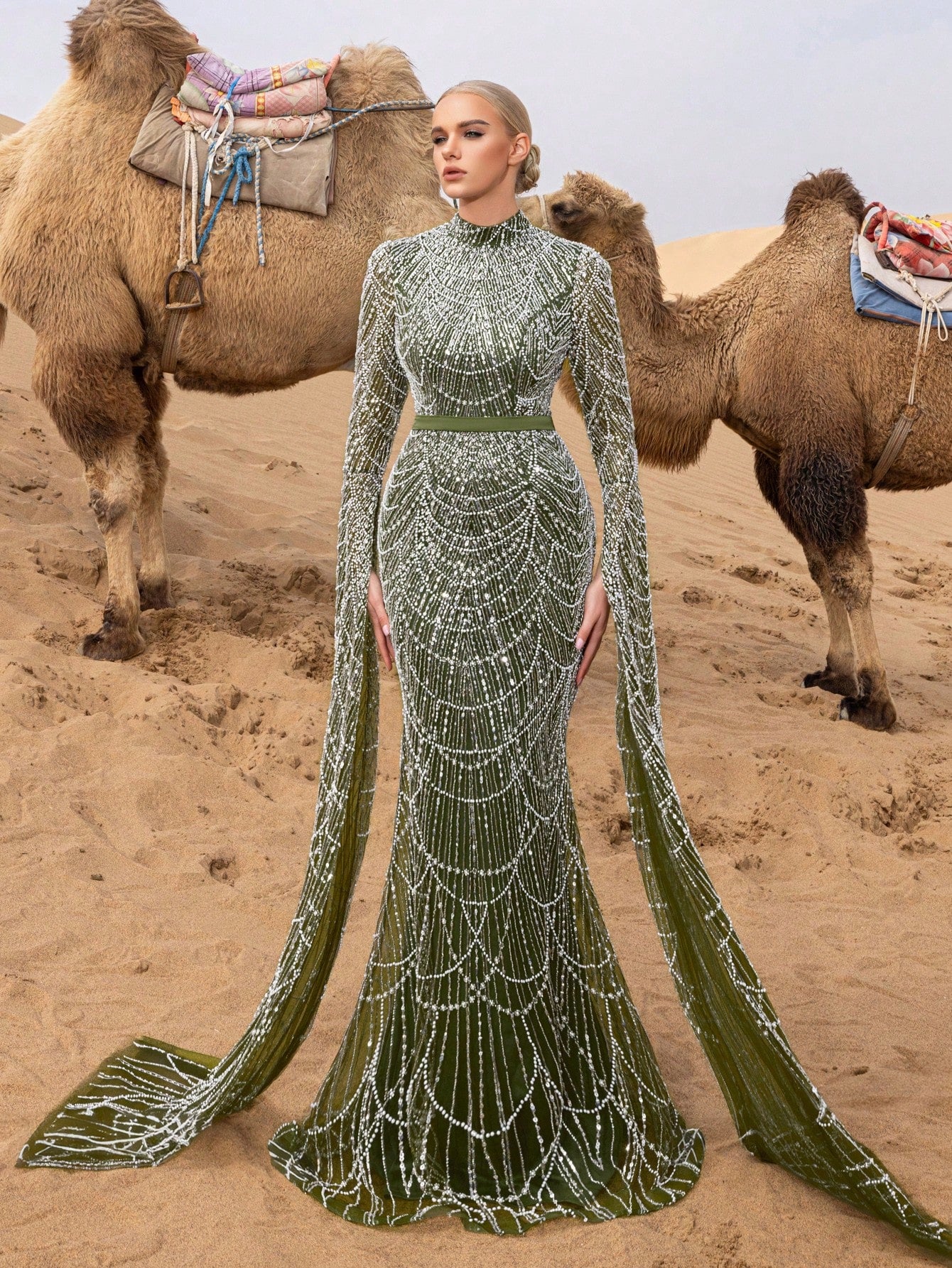 Luxury Mock Neck Extra-Long Sleeves Mermaid Hem Beaded Formal Dresses & Evening Gowns