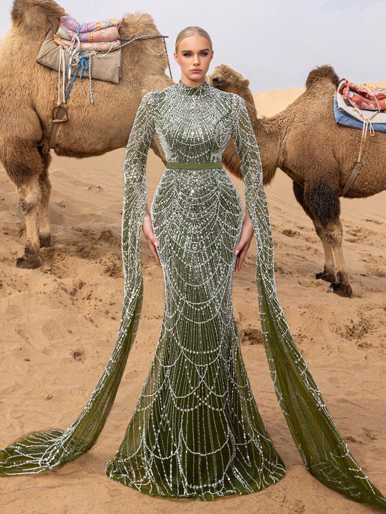 Luxury Mock Neck Extra-Long Sleeves Mermaid Hem Beaded Formal Dresses & Evening Gowns