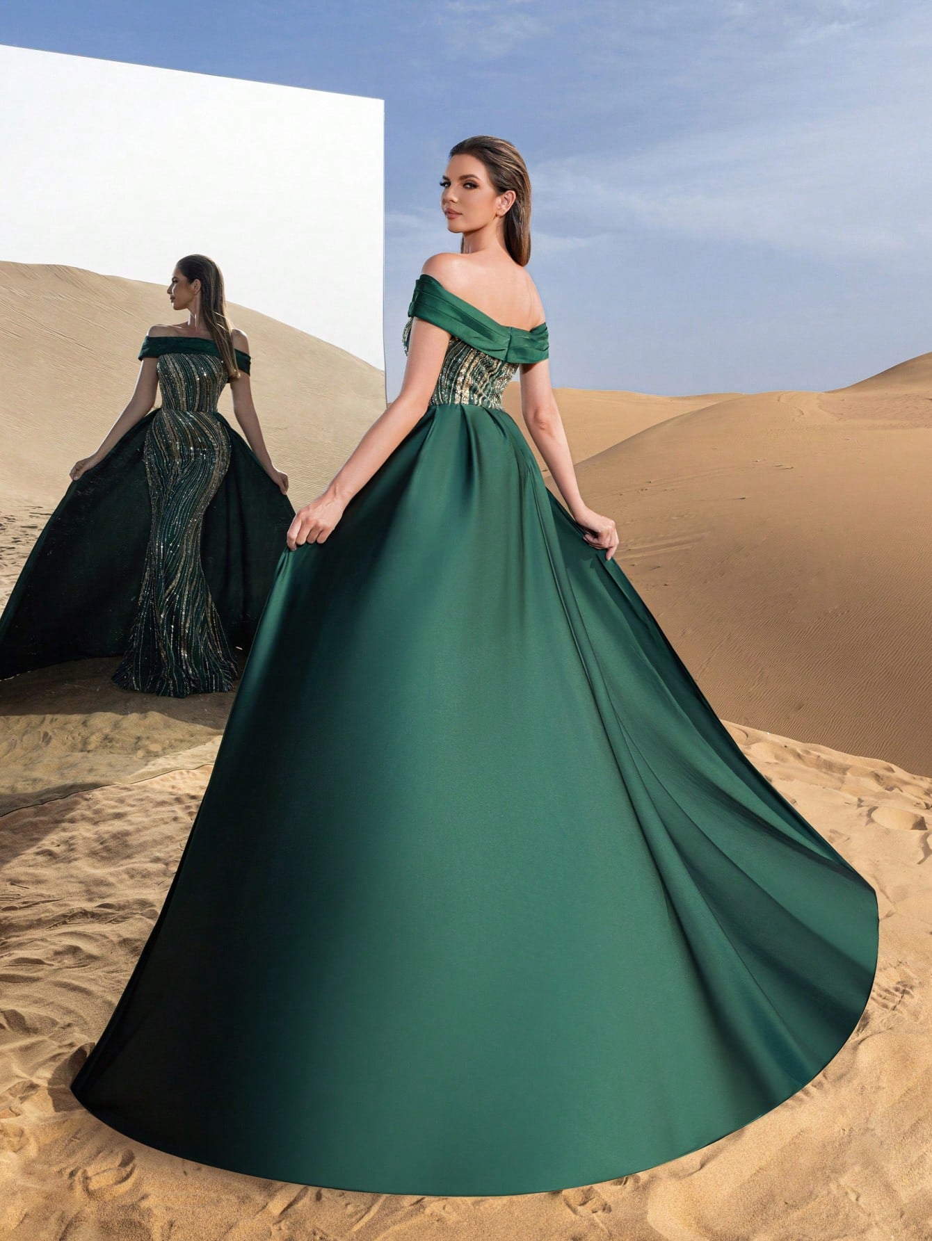 Gorgeous Off Shoulder Mermaid Hem Satin Train Graphic Sequin Beaded Formal Dresses & Evening Gowns