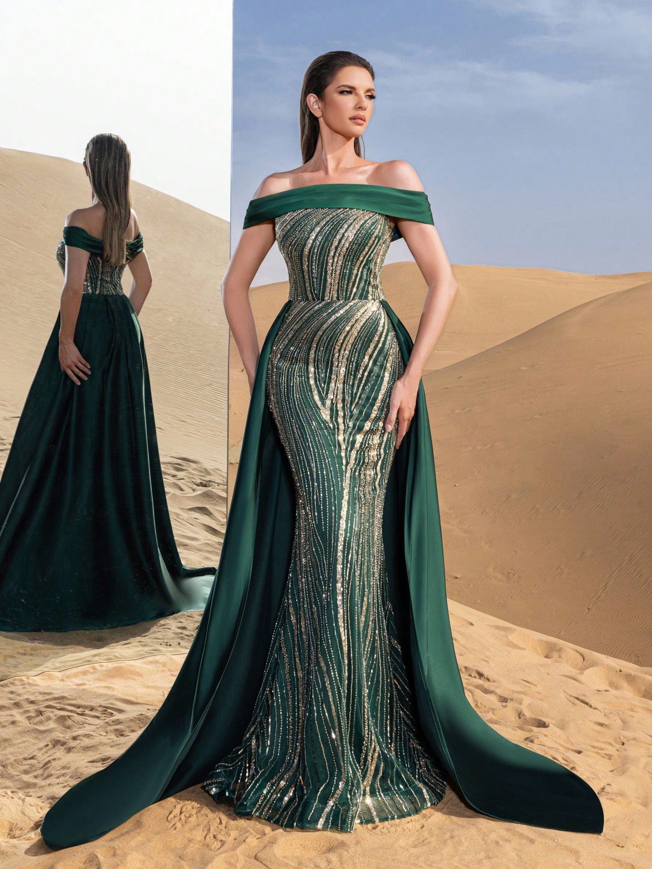 Gorgeous Off Shoulder Mermaid Hem Satin Train Graphic Sequin Beaded Formal Dresses & Evening Gowns