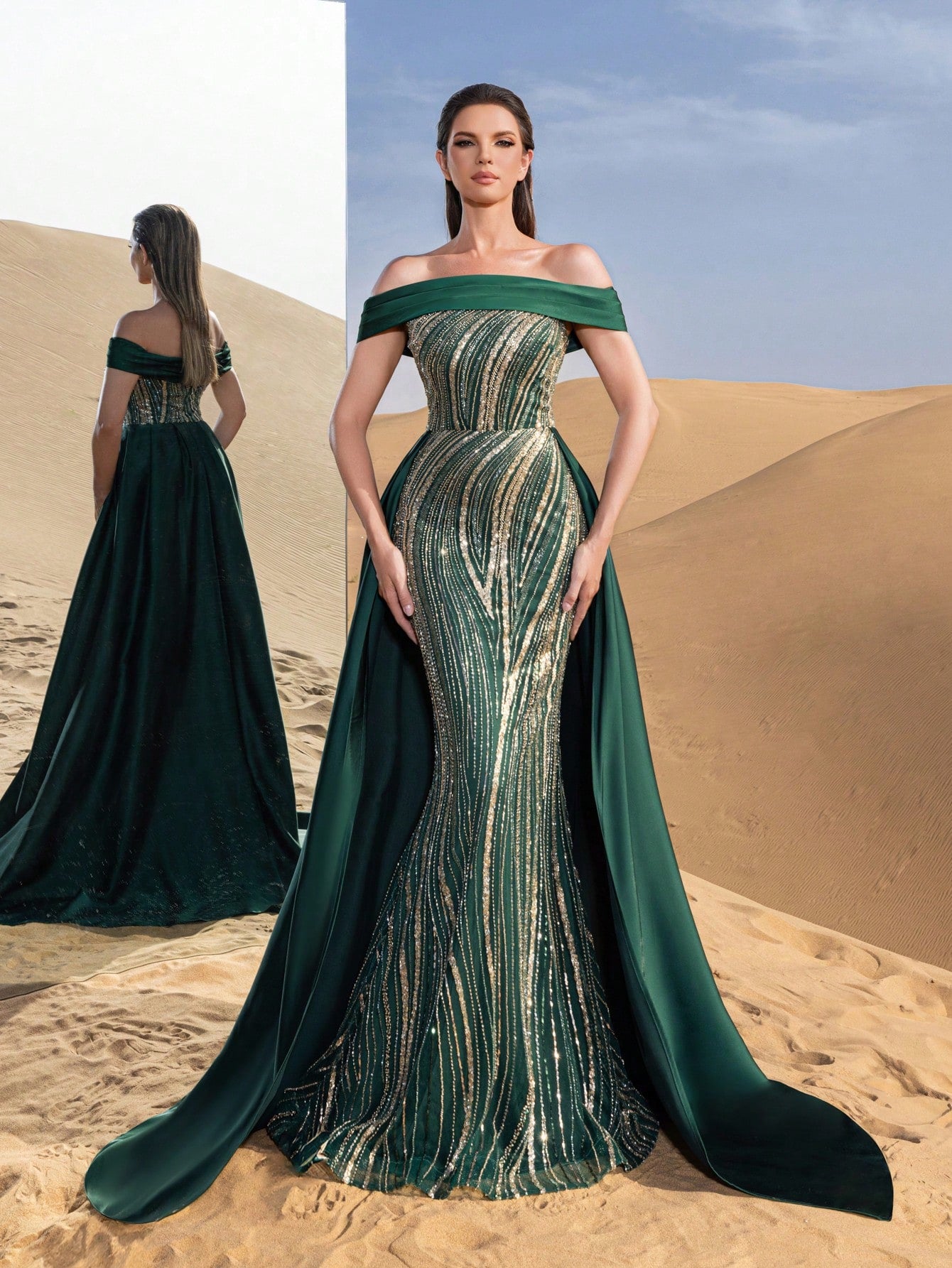 Gorgeous Off Shoulder Mermaid Hem Satin Train Graphic Sequin Beaded Formal Dresses & Evening Gowns