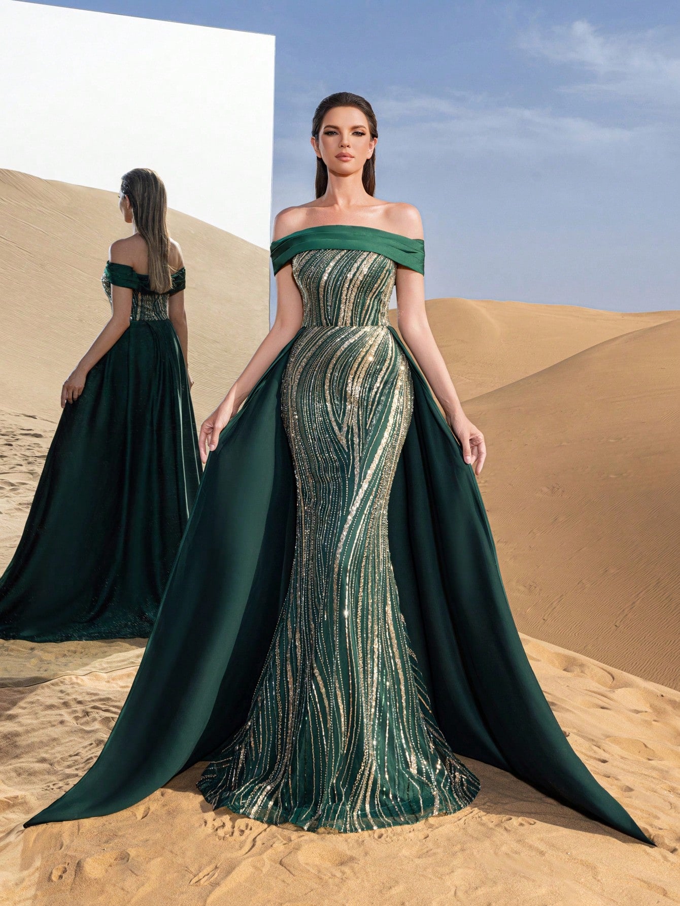 Gorgeous Off Shoulder Mermaid Hem Satin Train Graphic Sequin Beaded Formal Dresses & Evening Gowns