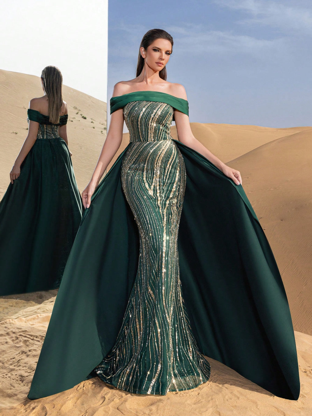 Gorgeous Off Shoulder Mermaid Hem Satin Train Graphic Sequin Beaded Formal Dresses & Evening Gowns