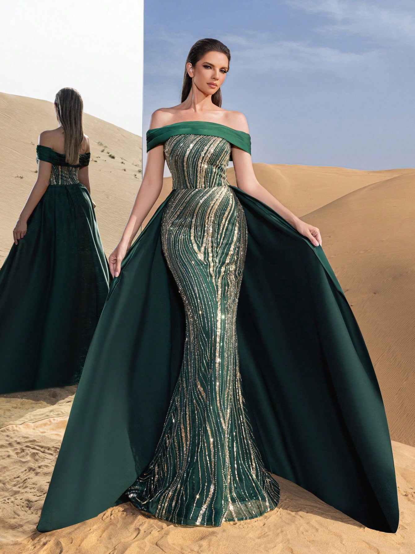Gorgeous Off Shoulder Mermaid Hem Satin Train Graphic Sequin Beaded Formal Dresses & Evening Gowns