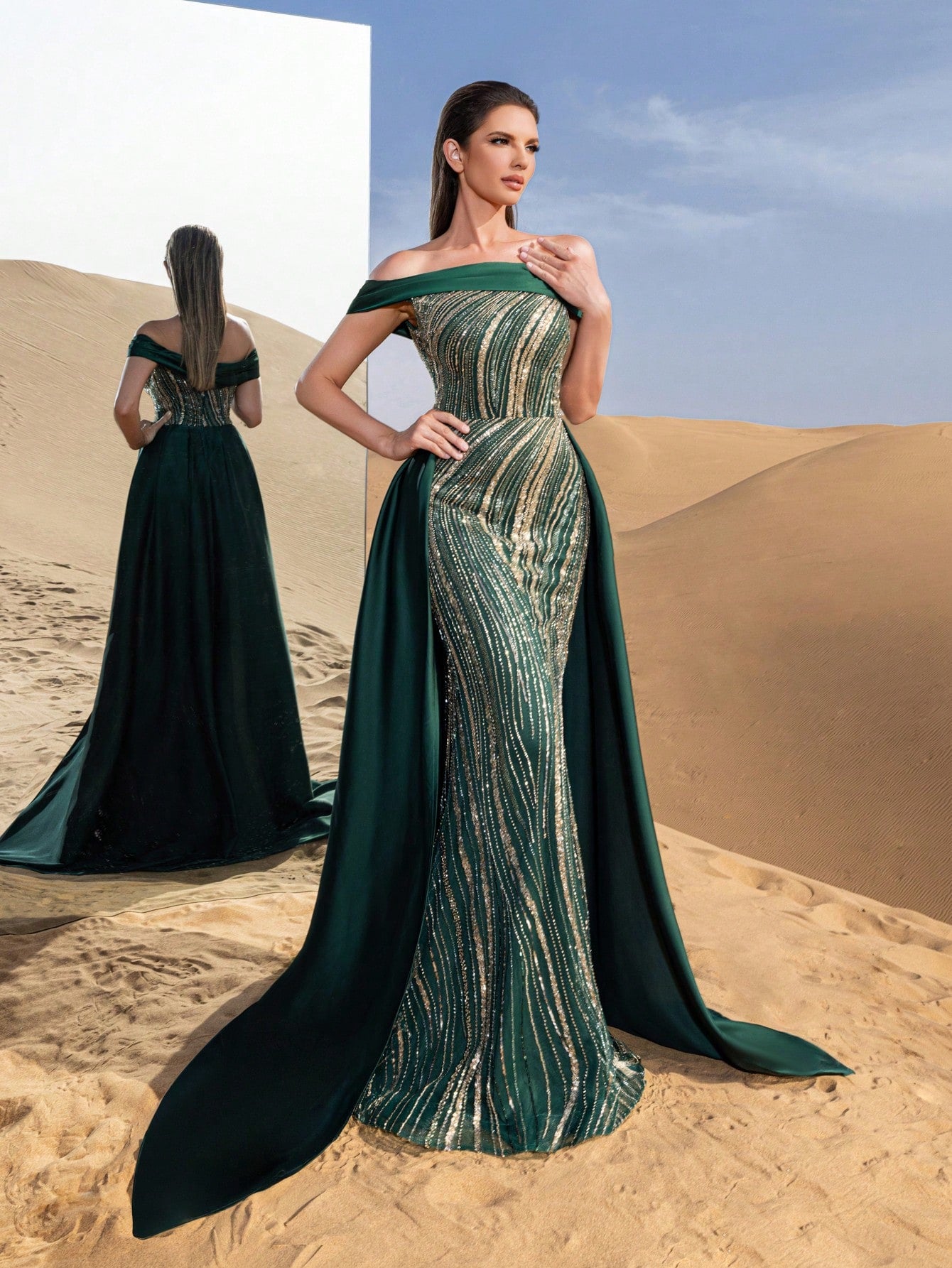 Gorgeous Off Shoulder Mermaid Hem Satin Train Graphic Sequin Beaded Formal Dresses & Evening Gowns