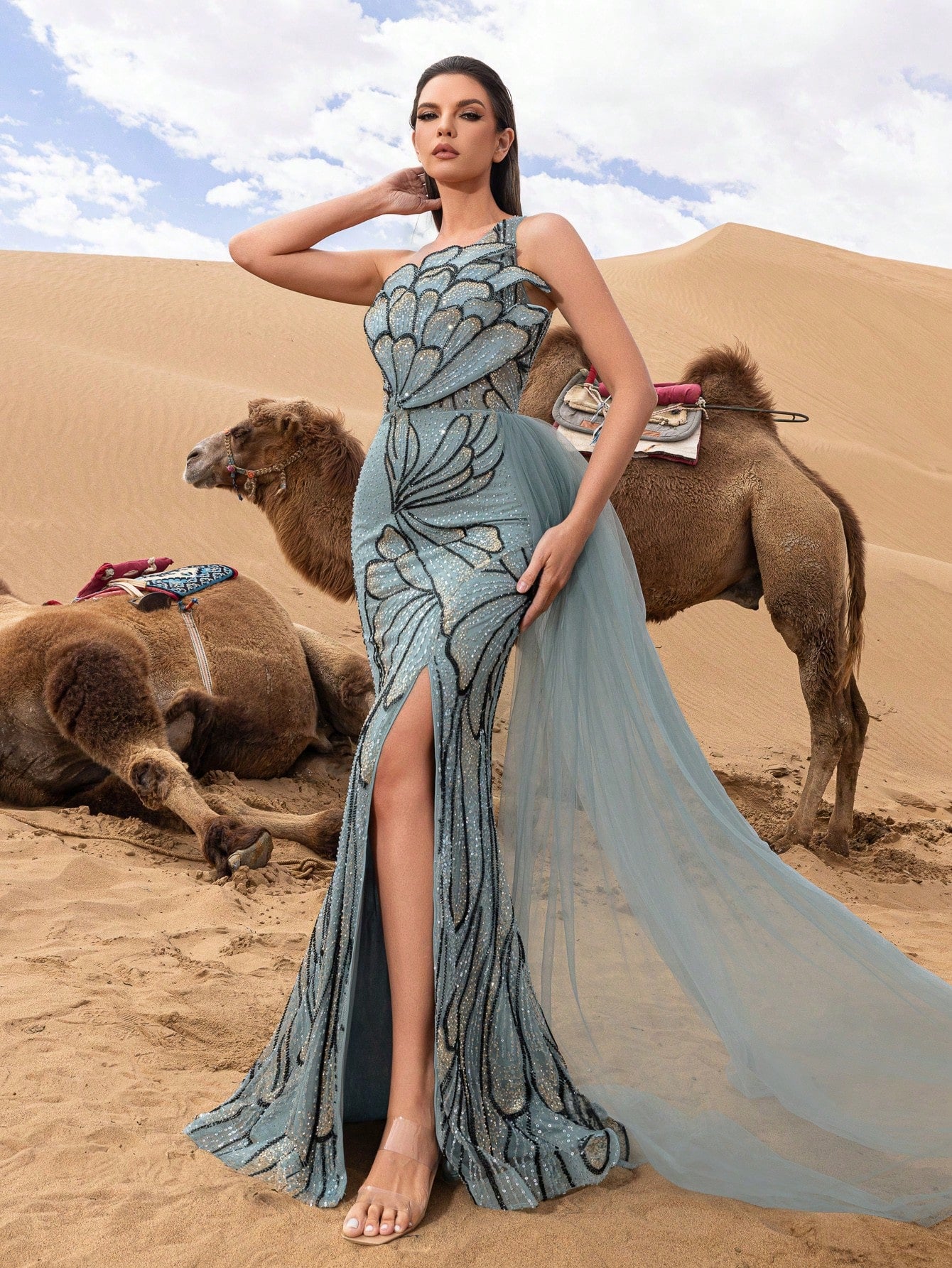 Elegant One-Shoulder Floral Beaded Tulle Evening Gown with Cascading Side Drapes – Formal Party Dress