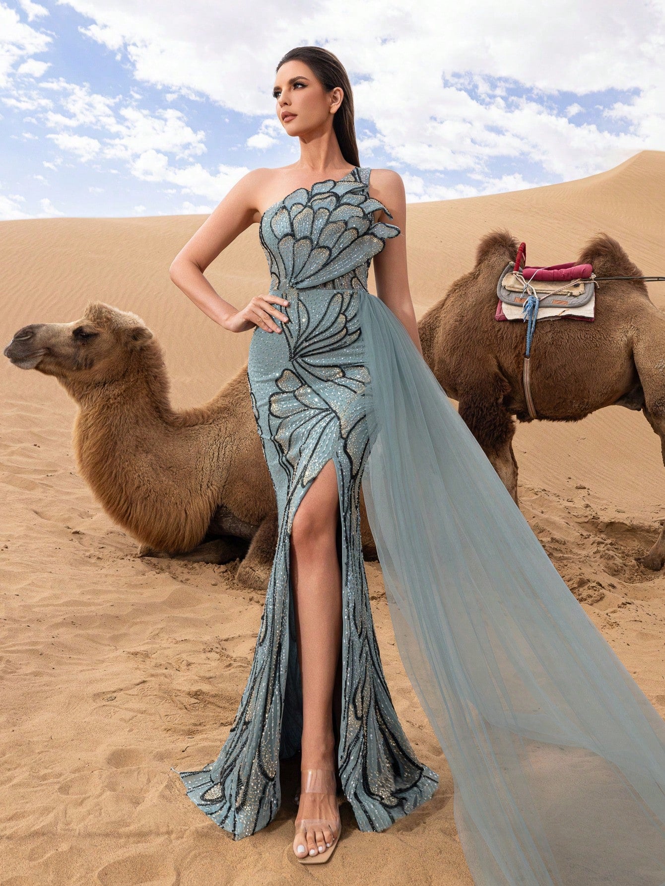 Elegant One-Shoulder Floral Beaded Tulle Evening Gown with Cascading Side Drapes – Formal Party Dress