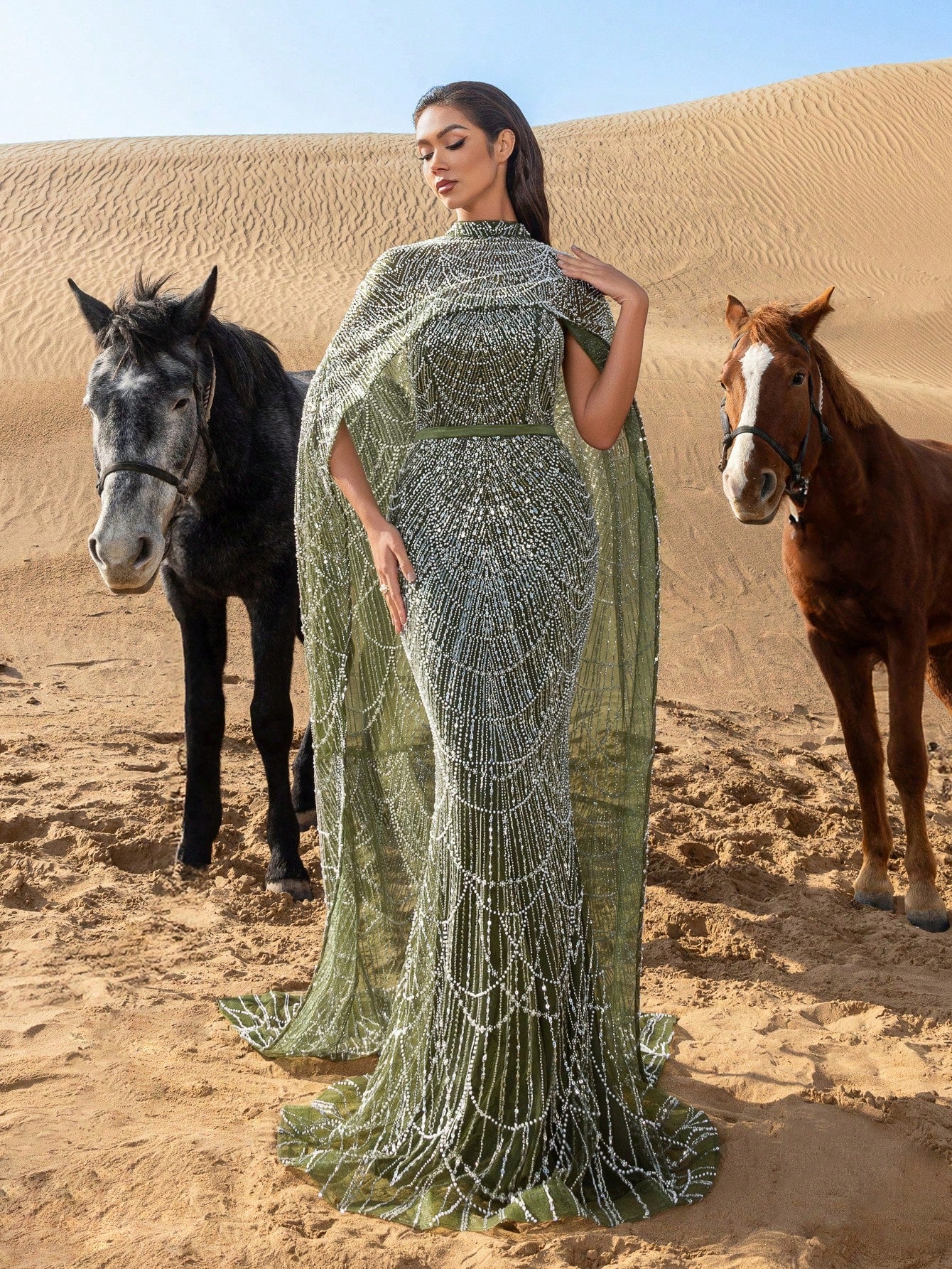 Luxurious Shimmering Beaded Sequin Maxi Cape Dress with Fish Tail Hem