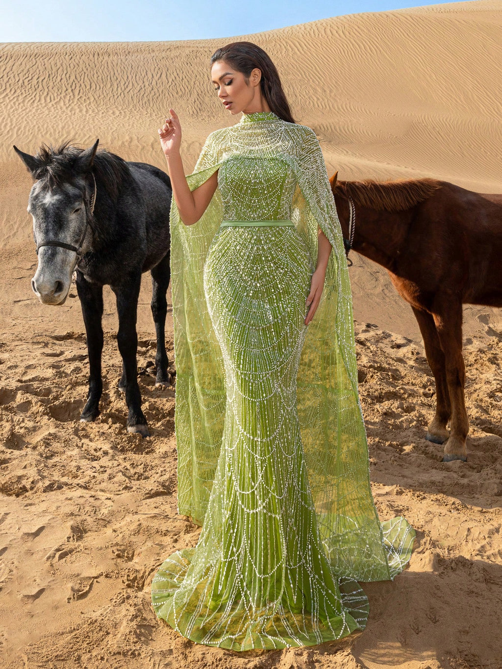 Luxurious Shimmering Beaded Sequin Maxi Cape Dress with Fish Tail Hem - Perfect for Weddings, Red Carpet Events, Desert Weddings, and Celebrity-Style Parties