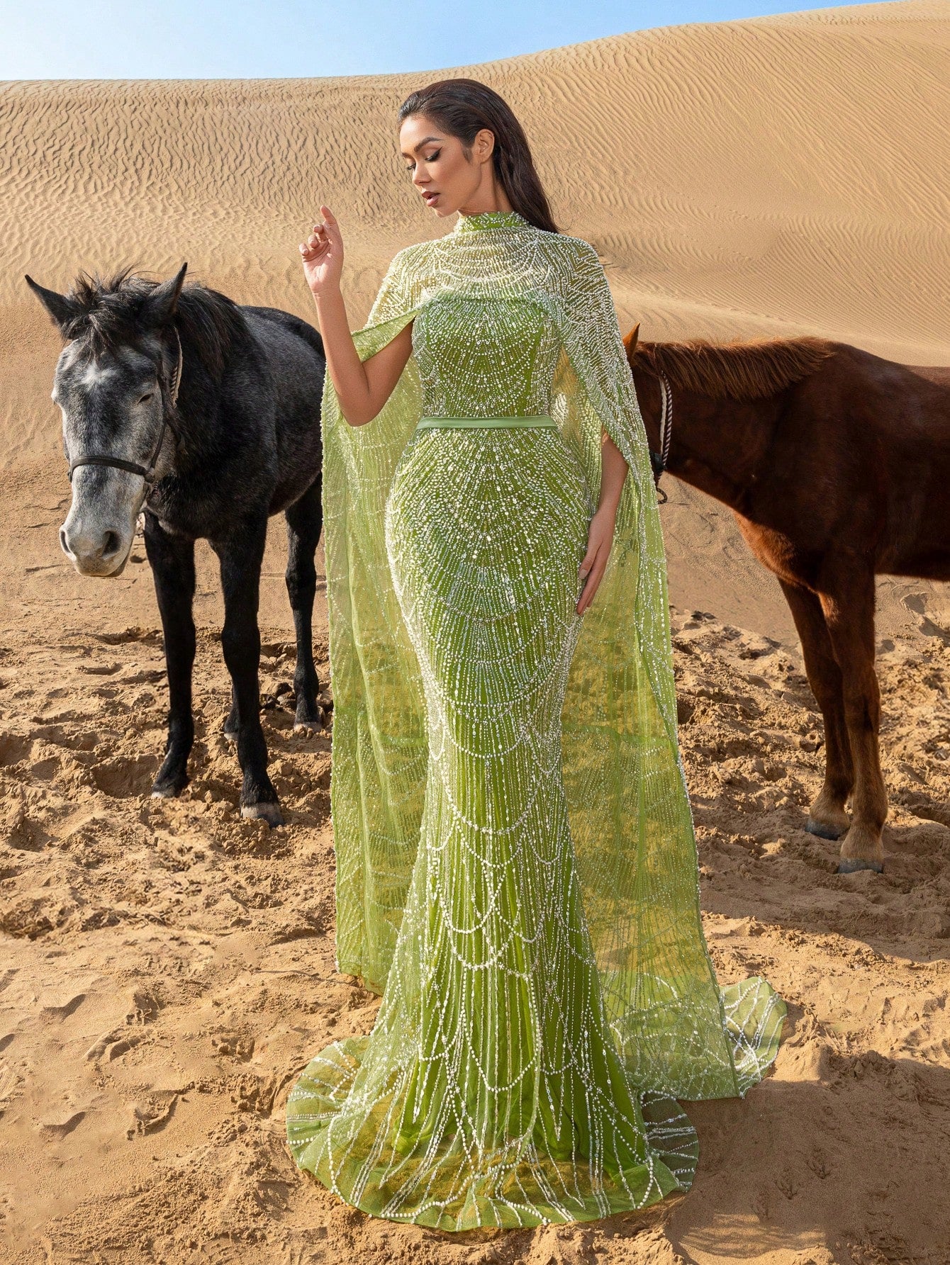 Luxurious Shimmering Beaded Sequin Maxi Cape Dress with Fish Tail Hem - Perfect for Weddings, Red Carpet Events, Desert Weddings, and Celebrity-Style Parties