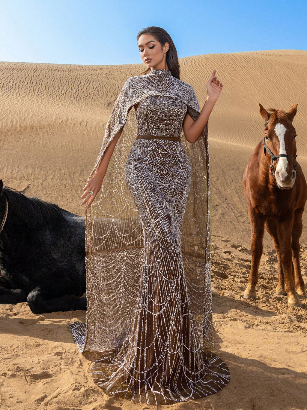 Luxurious Shimmering Beaded Sequin Maxi Cape Dress with Fish Tail Hem