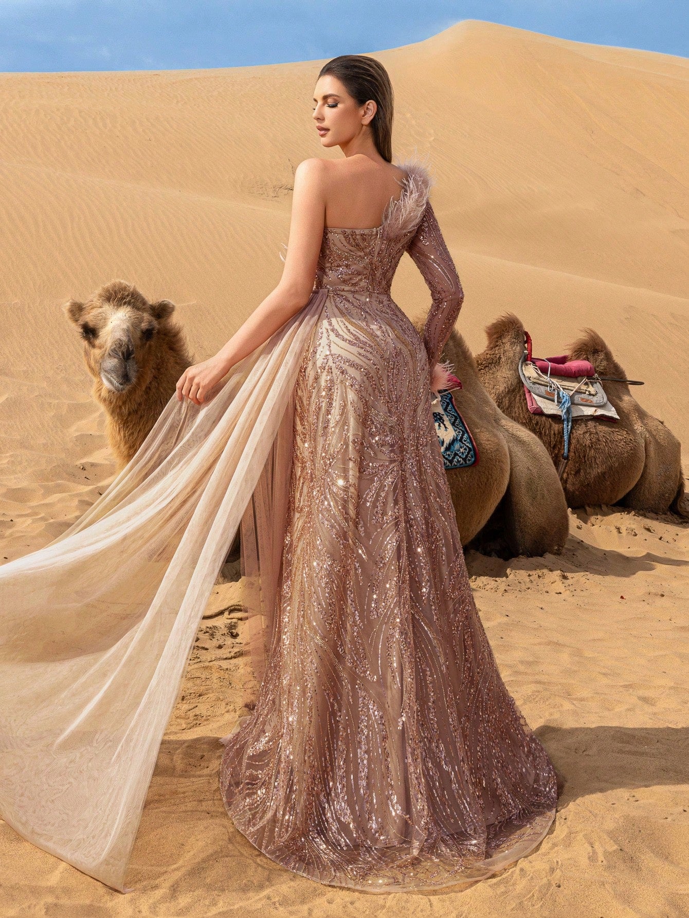 One Sleeve Sequin Pastel Beaded Formal Dresses & Evening Gowns Dress & Embellished Dress&Neckline Turkey Feathers Trim Party Dress