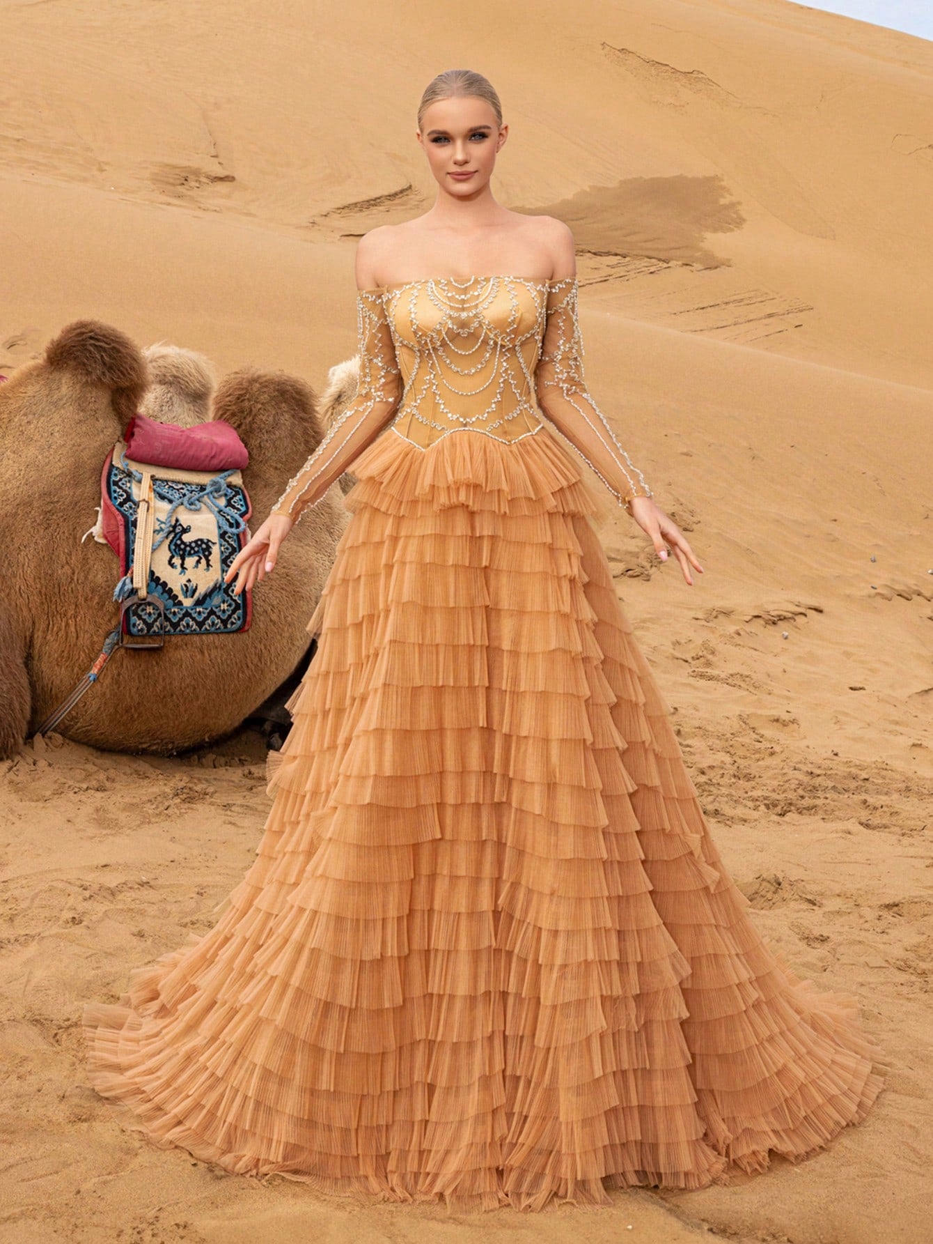Elegant Beaded Off-Shoulder Gown with Layered Ruffles & Long Sleeves – Intricate Shimmering Embellishments for Red Carpet Galas