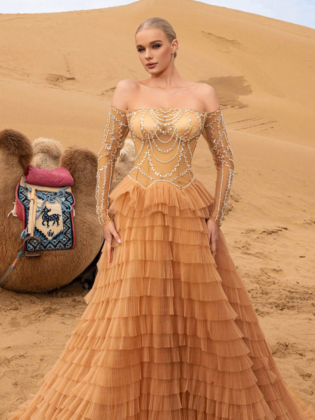 Elegant Beaded Off-Shoulder Gown with Layered Ruffles & Long Sleeves – Intricate Shimmering Embellishments for Red Carpet Galas