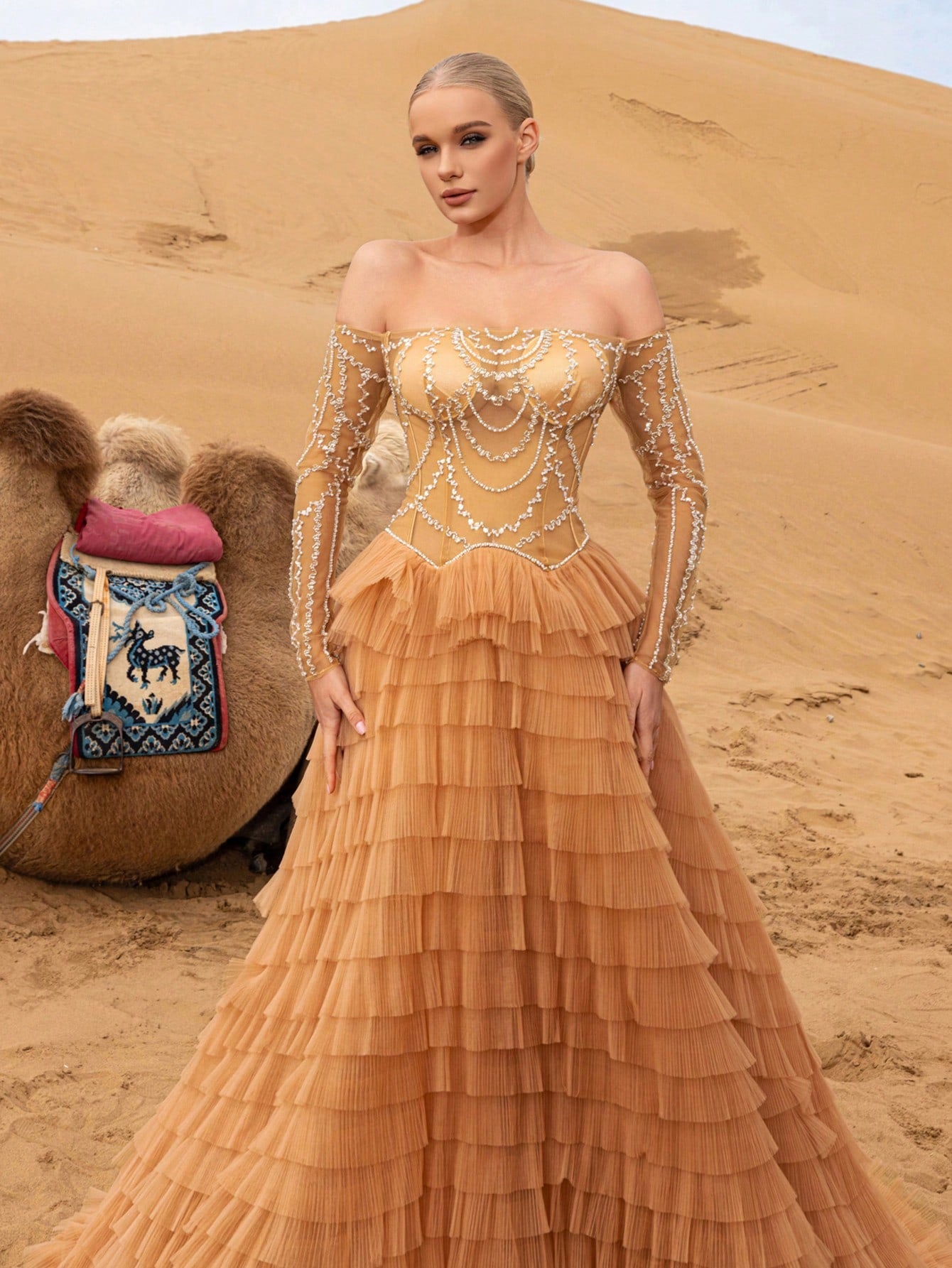 Elegant Beaded Off-Shoulder Gown with Layered Ruffles & Long Sleeves – Intricate Shimmering Embellishments for Red Carpet Galas