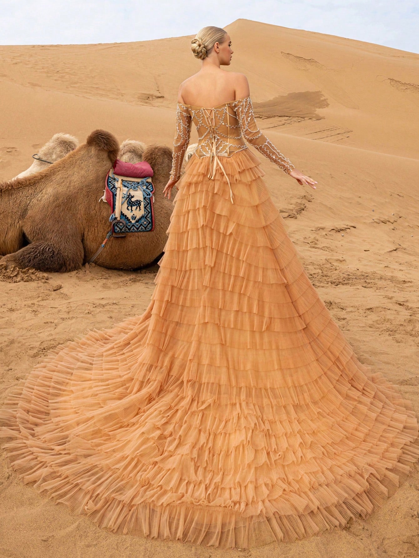 Elegant Beaded Off-Shoulder Gown with Layered Ruffles & Long Sleeves – Intricate Shimmering Embellishments for Red Carpet Galas