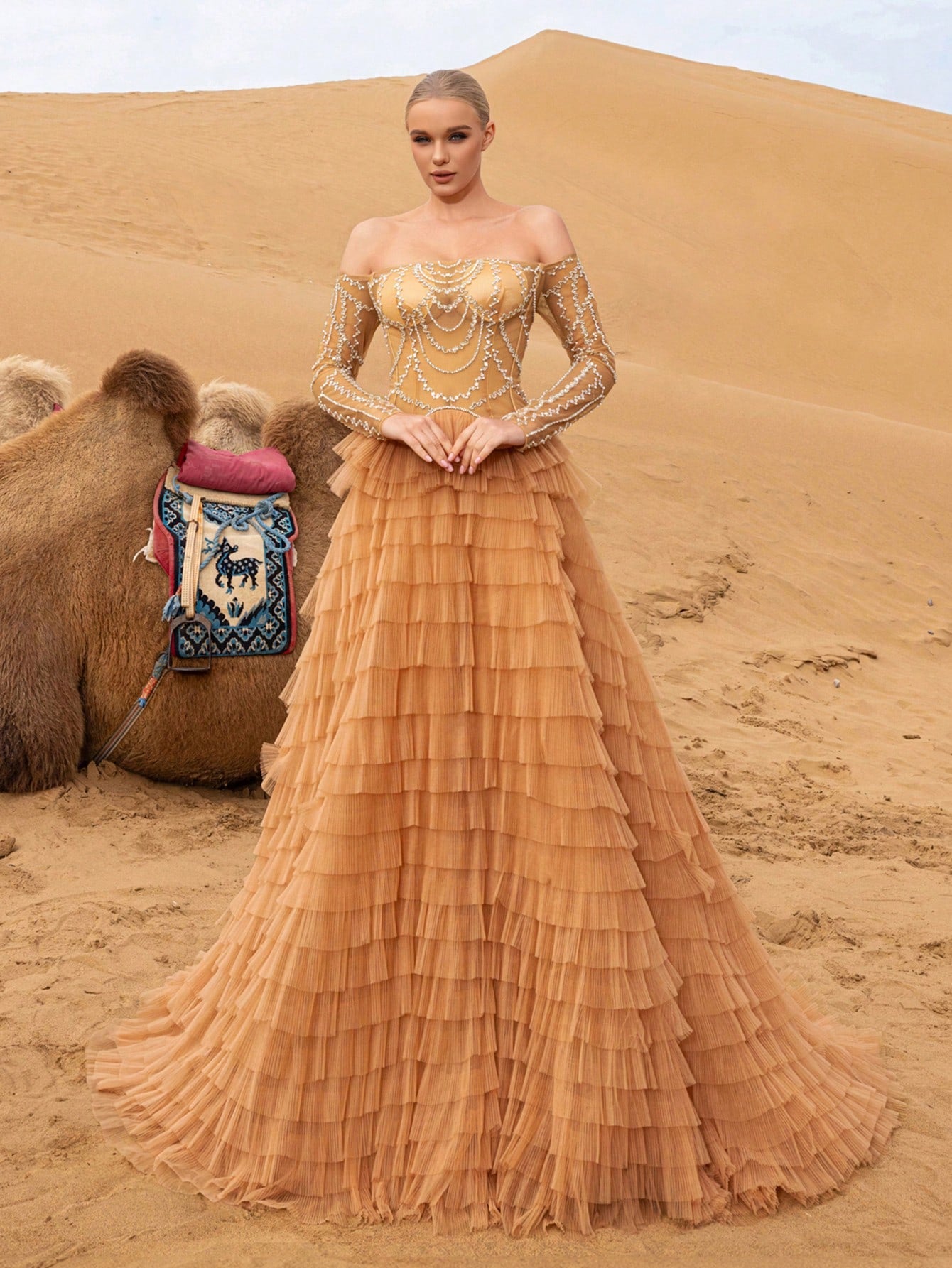 Elegant Beaded Off-Shoulder Gown with Layered Ruffles & Long Sleeves – Intricate Shimmering Embellishments for Red Carpet Galas