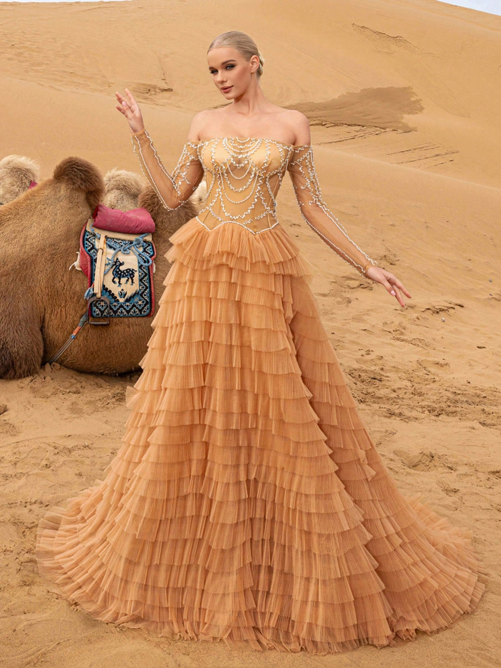 Elegant Beaded Off-Shoulder Gown with Layered Ruffles & Long Sleeves – Intricate Shimmering Embellishments for Red Carpet Galas
