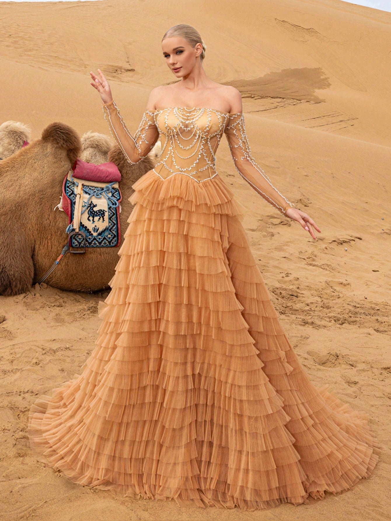 Elegant Beaded Off-Shoulder Gown with Layered Ruffles & Long Sleeves – Intricate Shimmering Embellishments for Red Carpet Galas