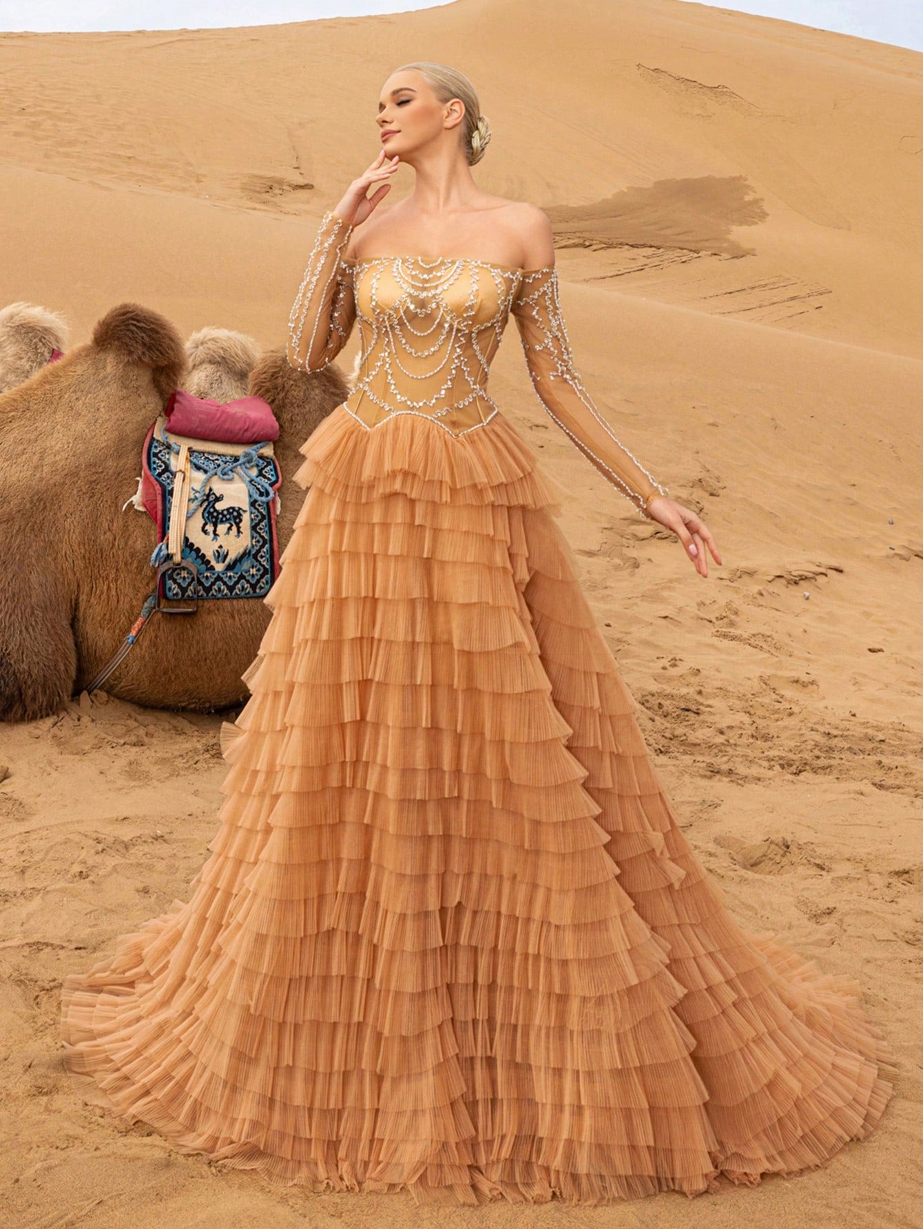 Elegant Beaded Off-Shoulder Gown with Layered Ruffles & Long Sleeves – Intricate Shimmering Embellishments for Red Carpet Galas