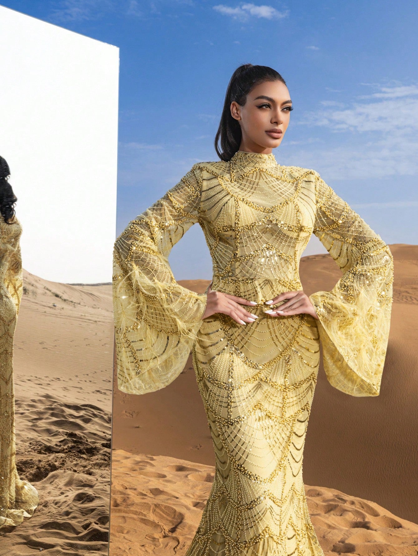 Gorgeous Mock Neck Flared Sleeves Mermaid Hem Beaded Formal Dresses & Evening Gowns