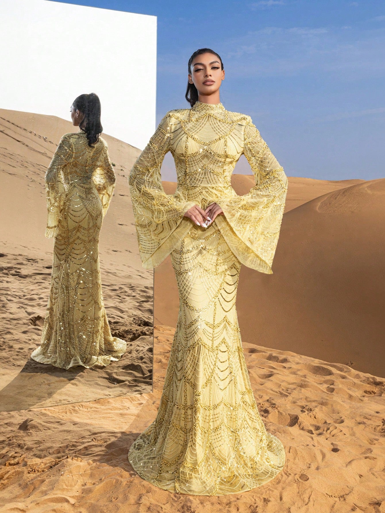 Gorgeous Mock Neck Flared Sleeves Mermaid Hem Beaded Formal Dresses & Evening Gowns