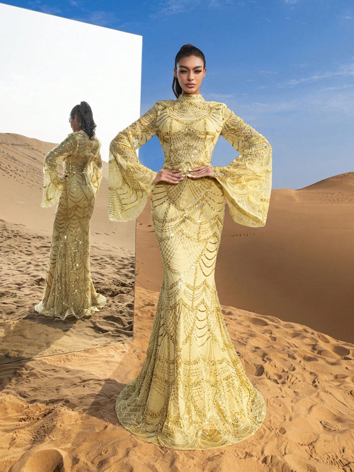 Gorgeous Mock Neck Flared Sleeves Mermaid Hem Beaded Formal Dresses & Evening Gowns