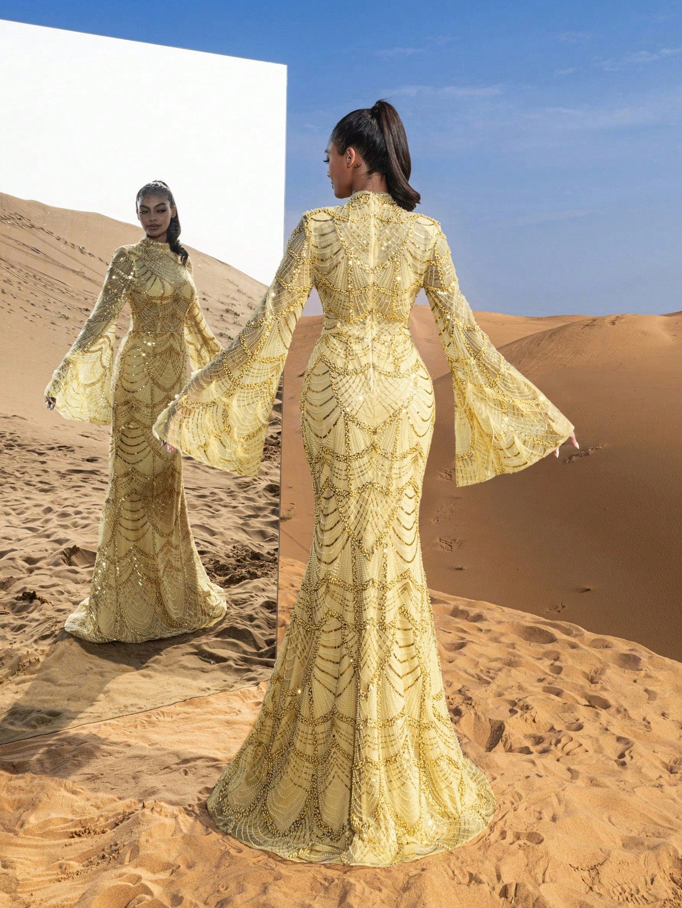 Gorgeous Mock Neck Flared Sleeves Mermaid Hem Beaded Formal Dresses & Evening Gowns