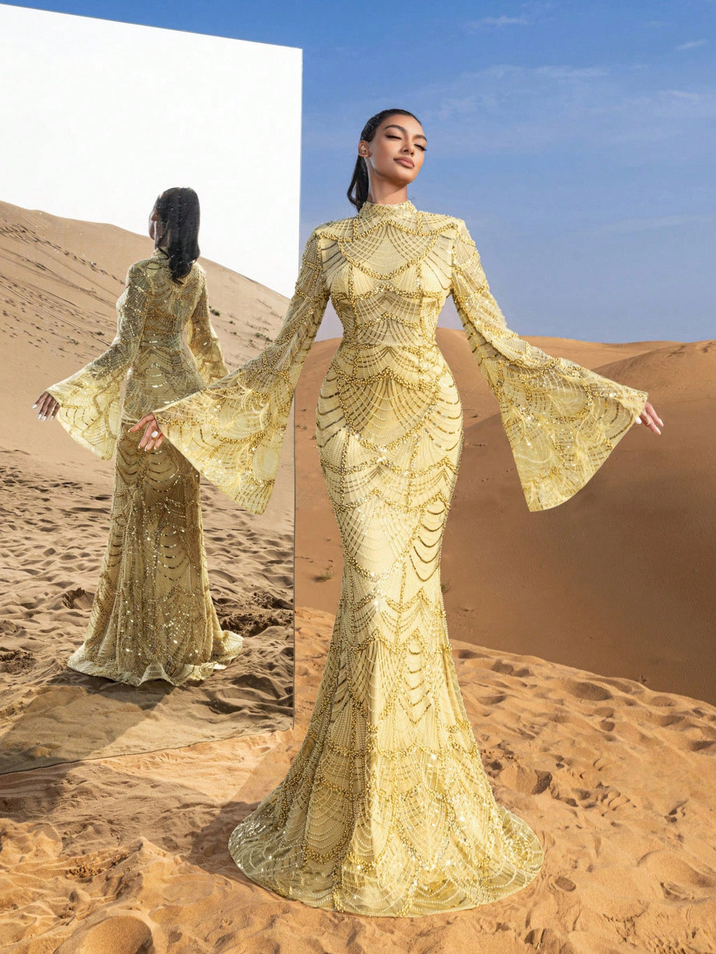 Gorgeous Mock Neck Flared Sleeves Mermaid Hem Beaded Formal Dresses & Evening Gowns