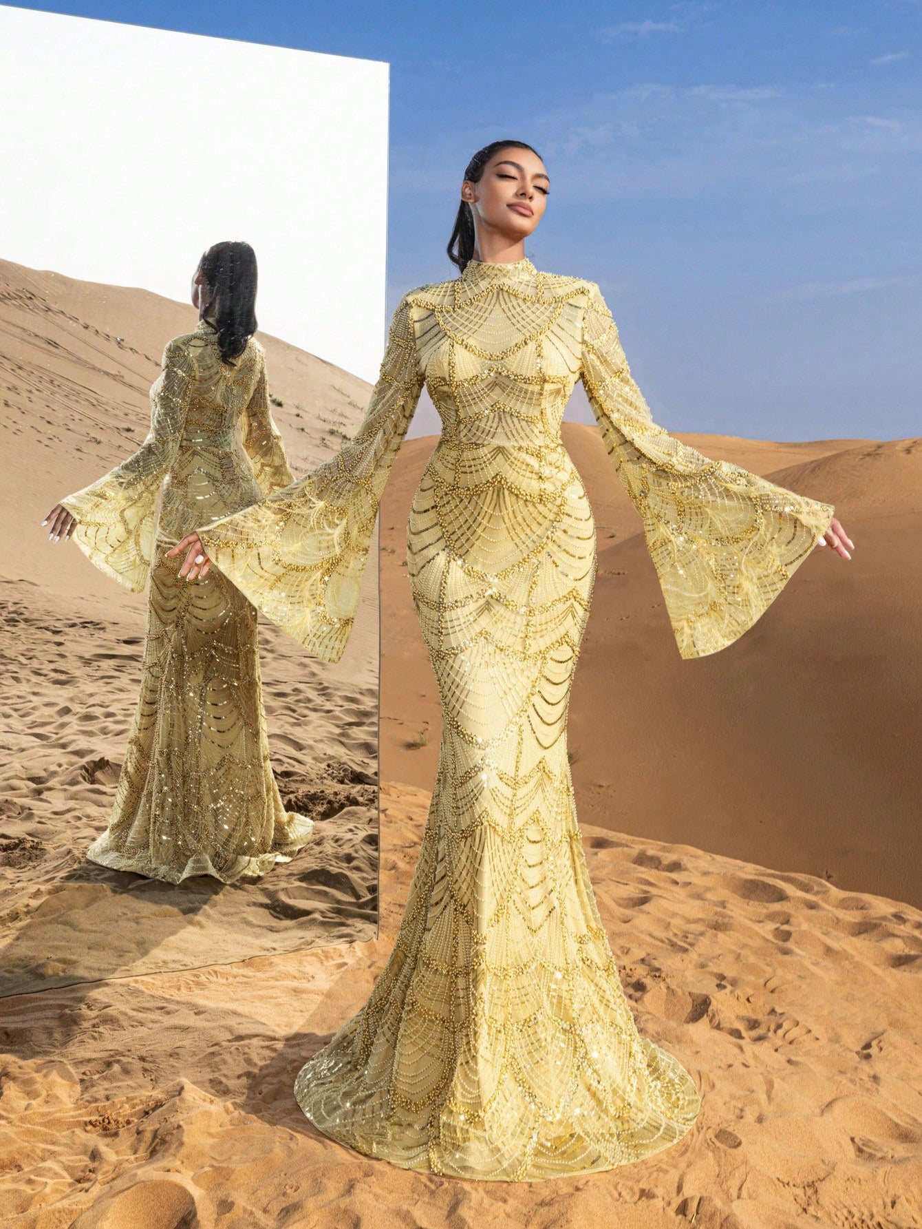 Gorgeous Mock Neck Flared Sleeves Mermaid Hem Beaded Formal Dresses & Evening Gowns