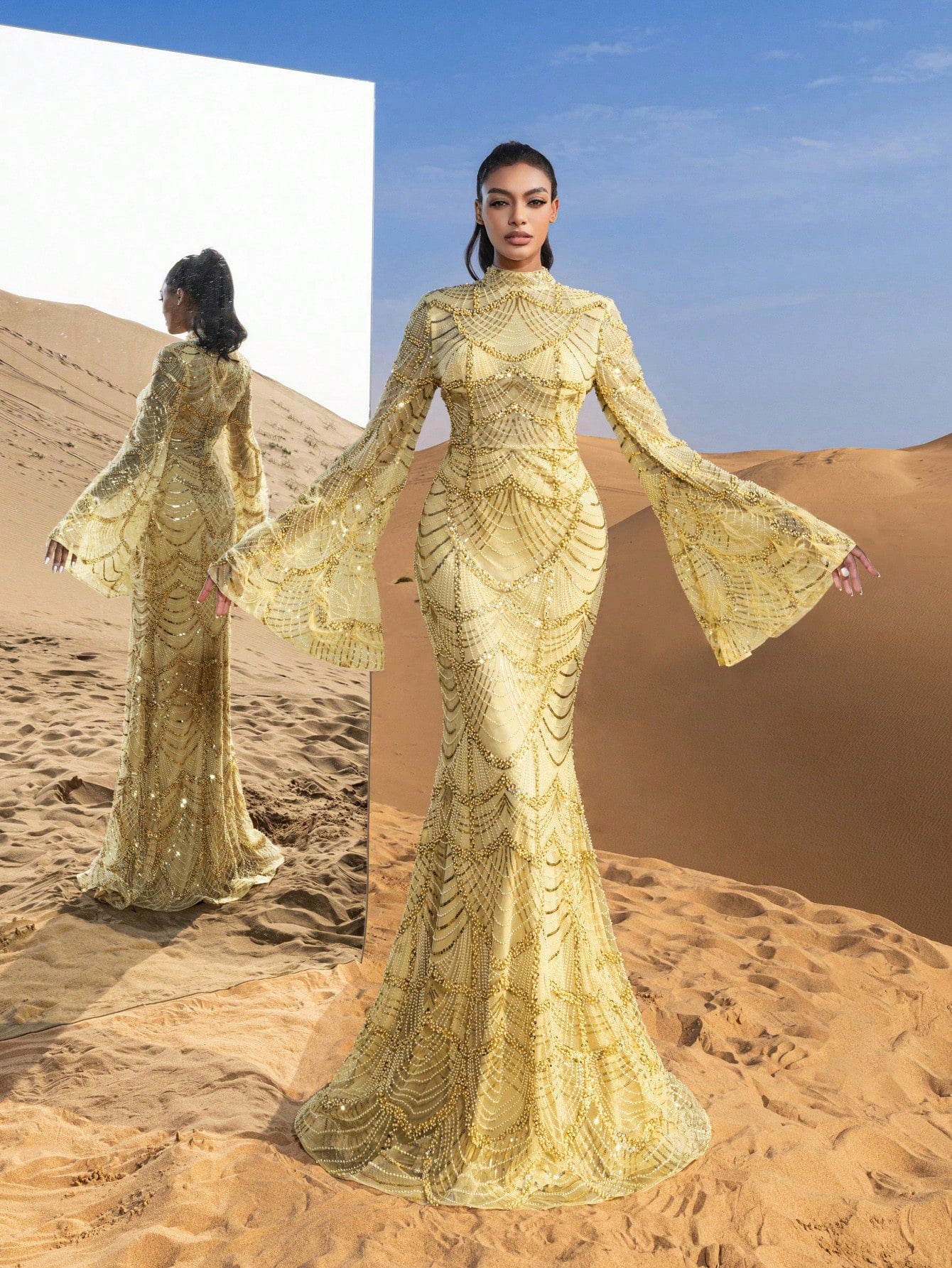 Gorgeous Mock Neck Flared Sleeves Mermaid Hem Beaded Formal Dresses & Evening Gowns