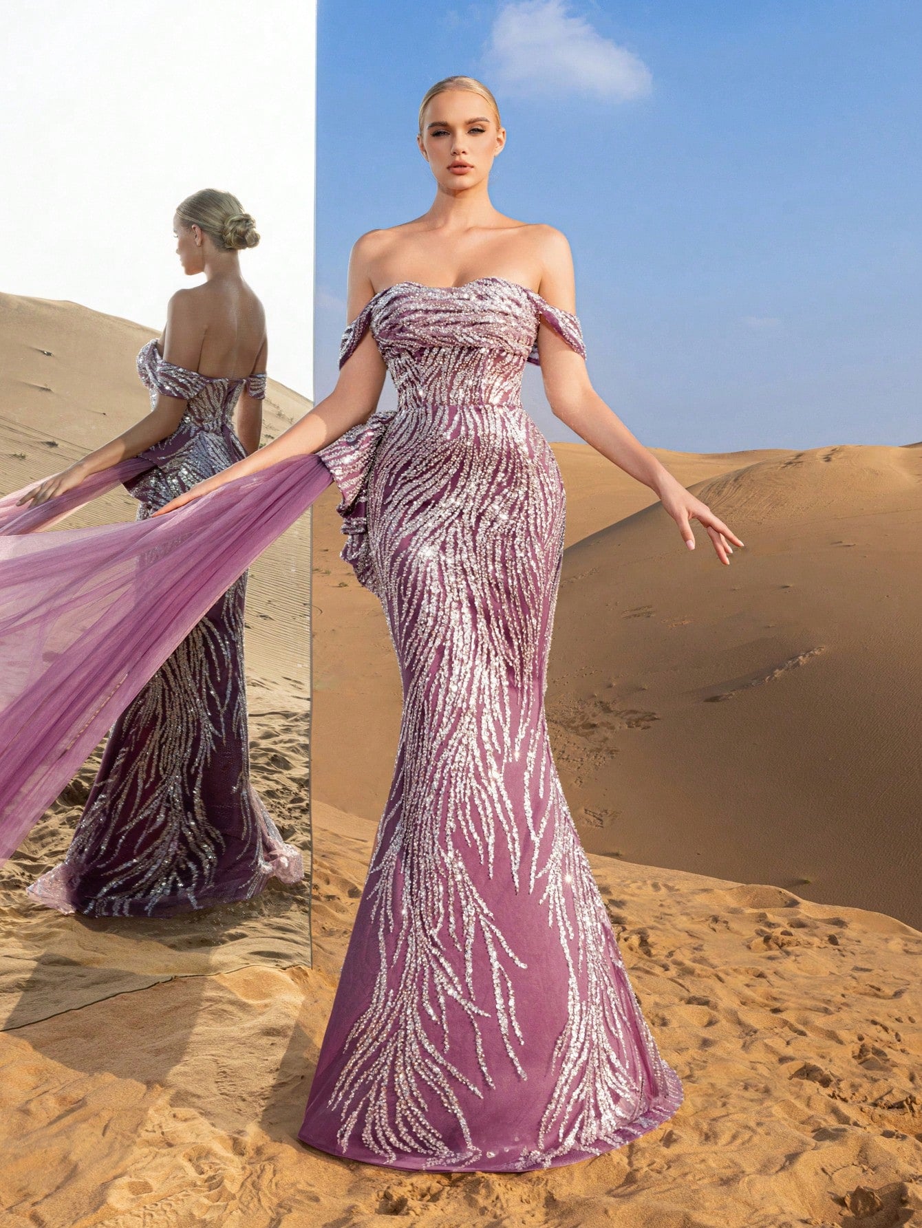 Gorgeous Off Shoulder Draped Side Mermaid Hem Beaded Formal Dresses & Evening Gowns