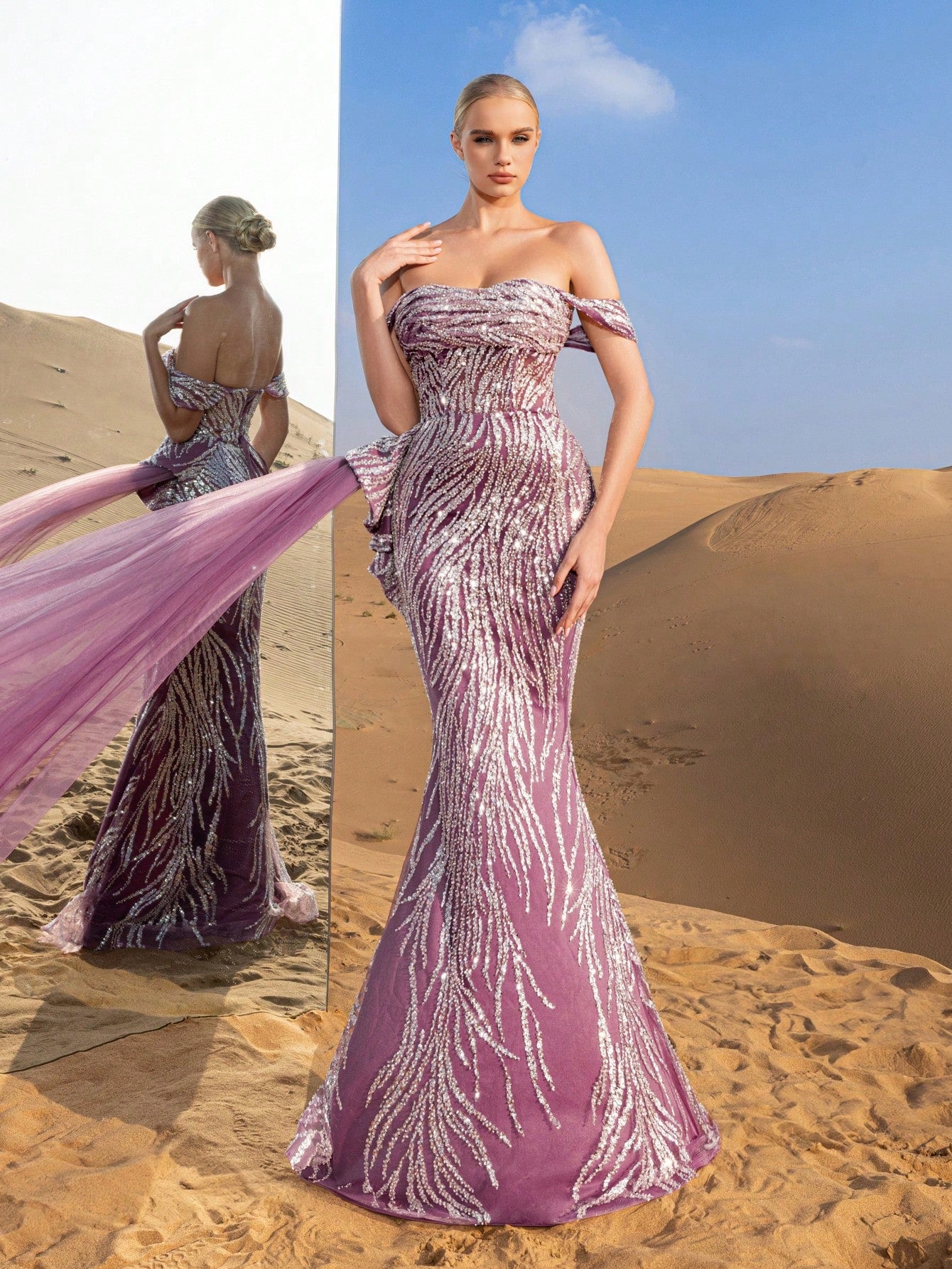 Gorgeous Off Shoulder Draped Side Mermaid Hem Beaded Formal Dresses & Evening Gowns