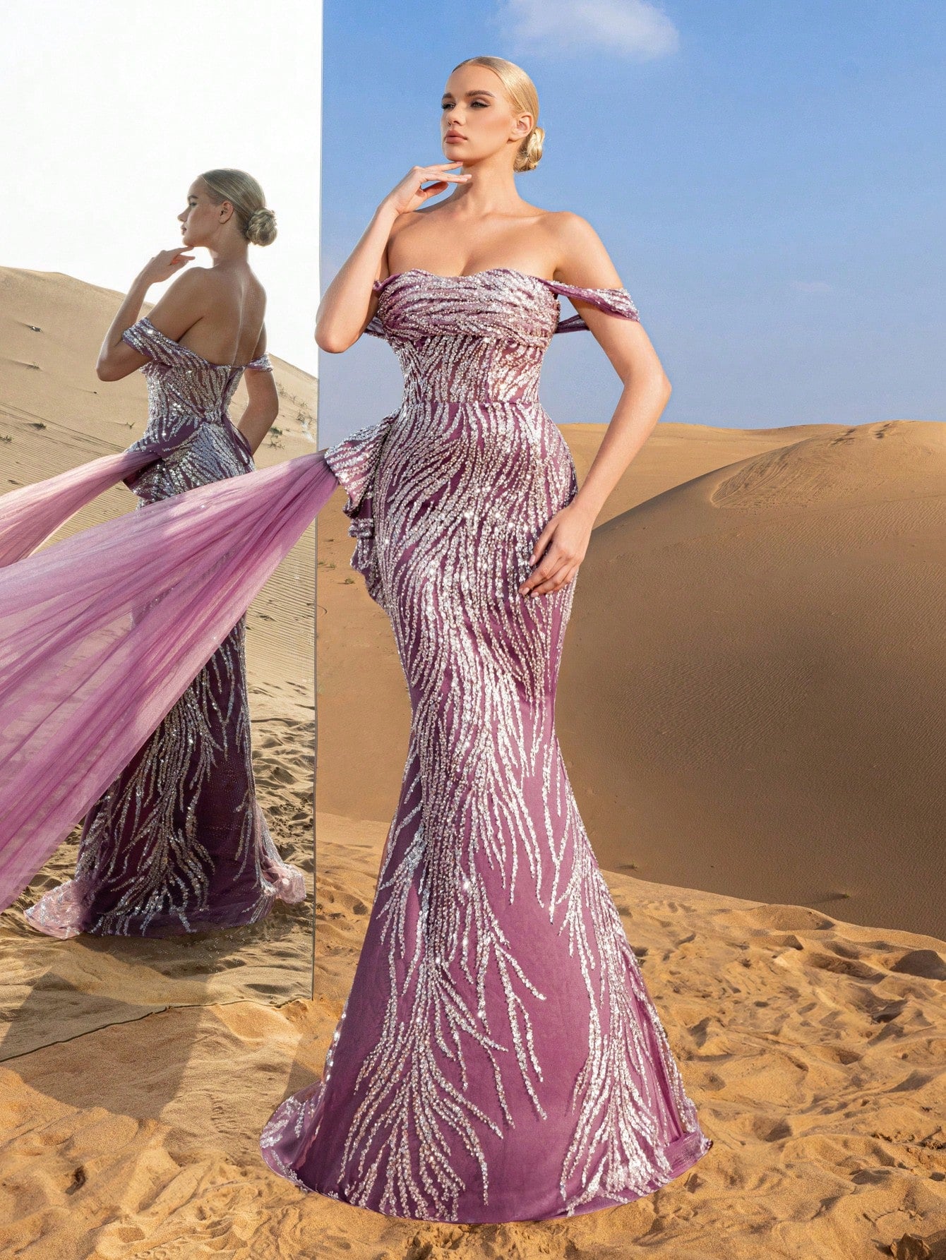 Gorgeous Off Shoulder Draped Side Mermaid Hem Beaded Formal Dresses & Evening Gowns