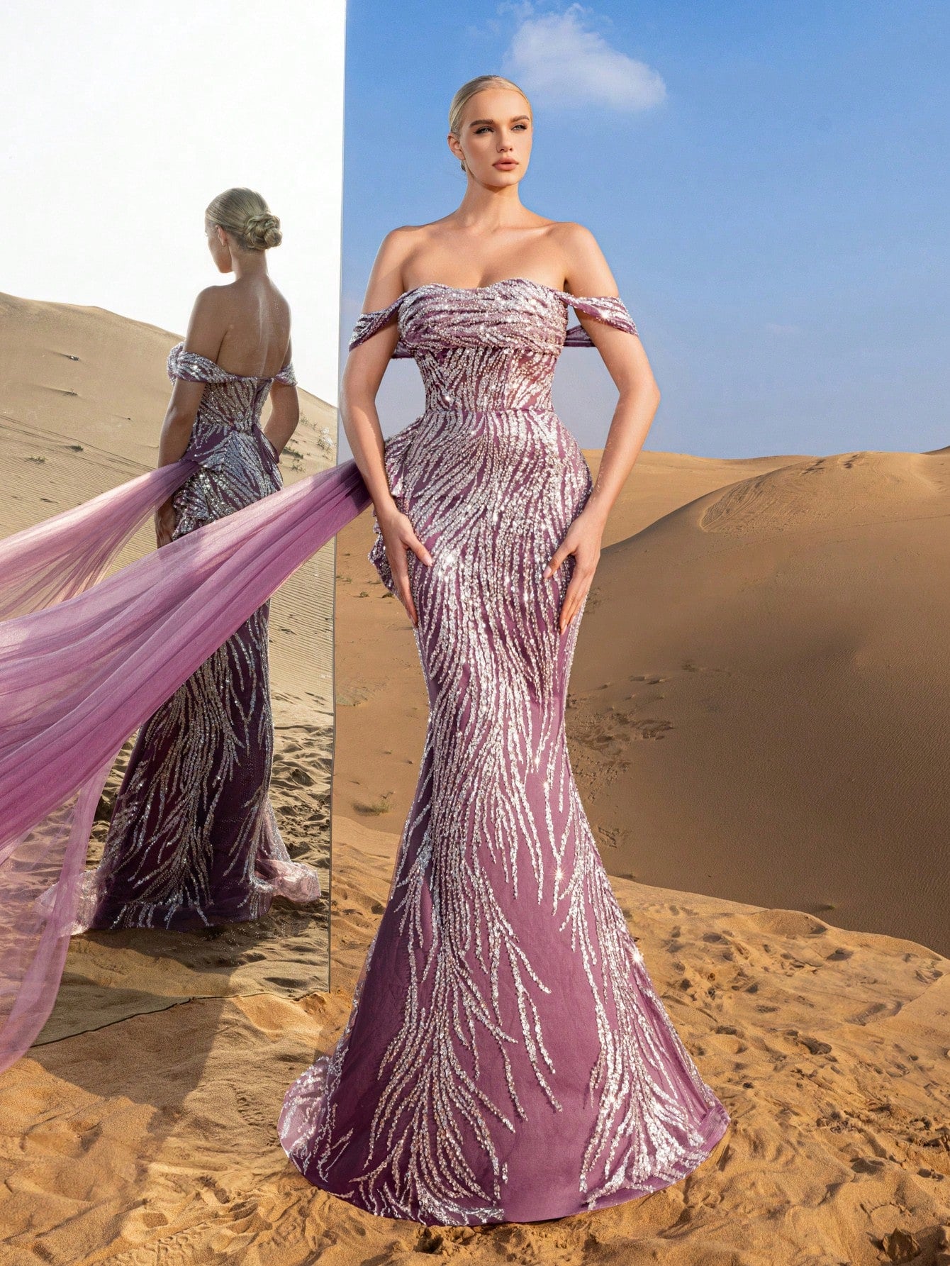 Gorgeous Off Shoulder Draped Side Mermaid Hem Beaded Formal Dresses & Evening Gowns