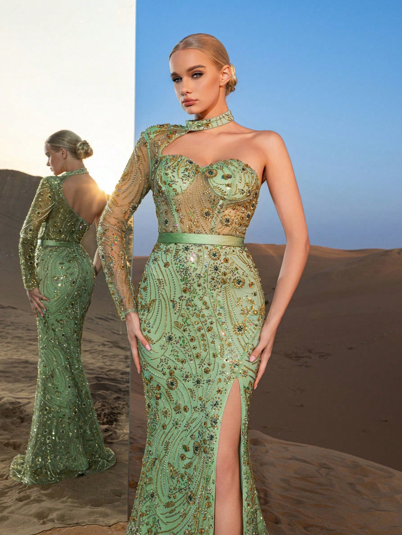 Gorgeous Asymmetrical Neck Mermaid Hem Beaded Formal Dresses & Evening Gowns