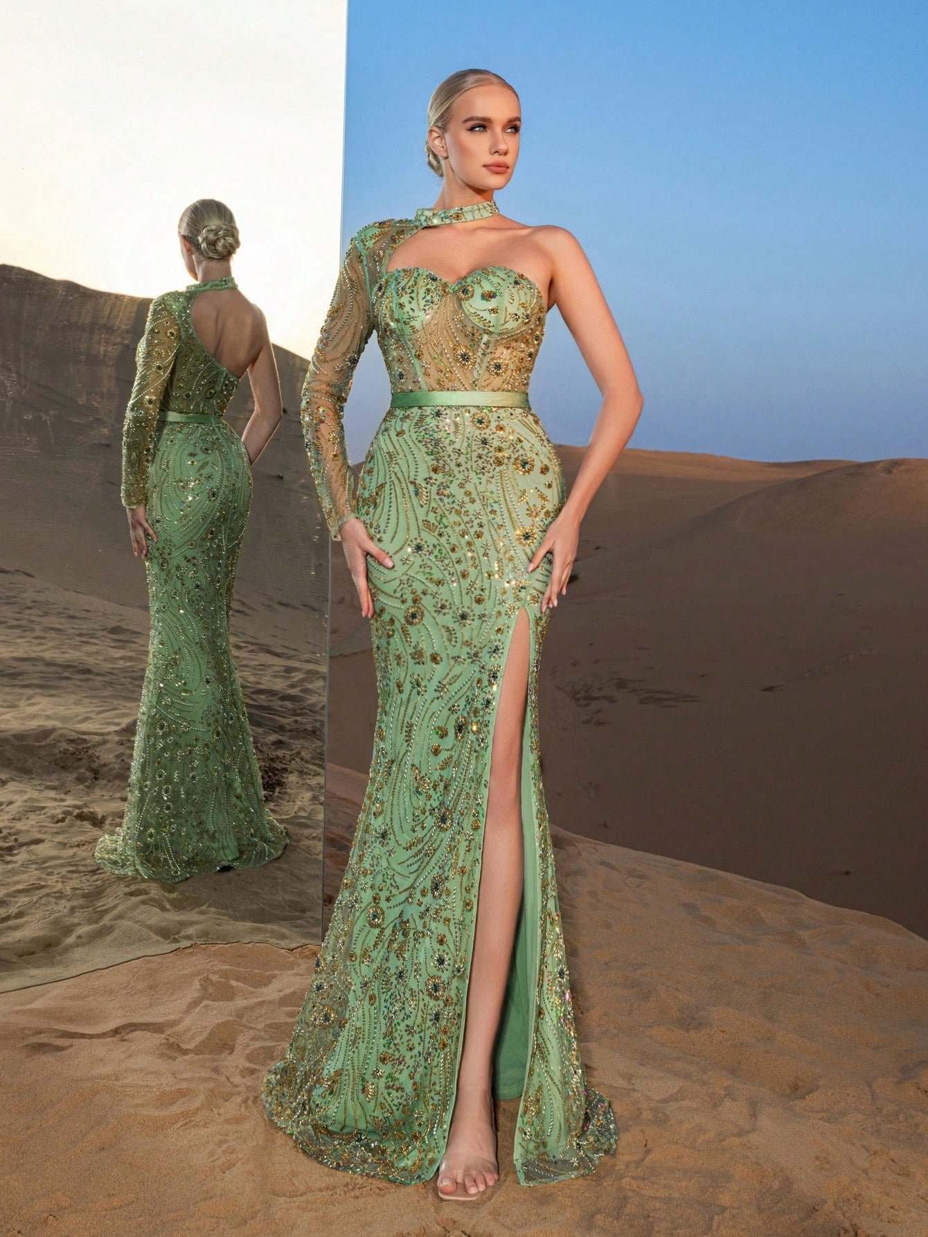 Gorgeous Asymmetrical Neck Mermaid Hem Beaded Formal Dresses & Evening Gowns